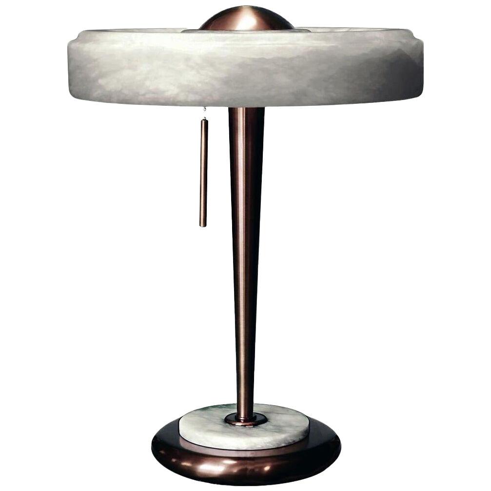 Bespoke Art Deco Design Italian White Alabaster & Bronze Color Round Table Lamp