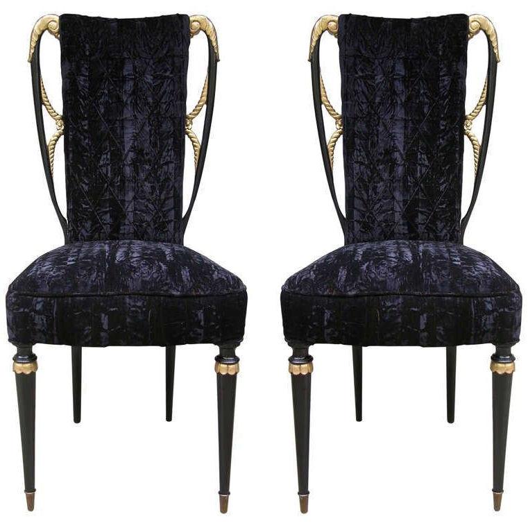 1940s Italian Late Art Deco Pair Gilded Black Lacquered Chairs in Black Velvet