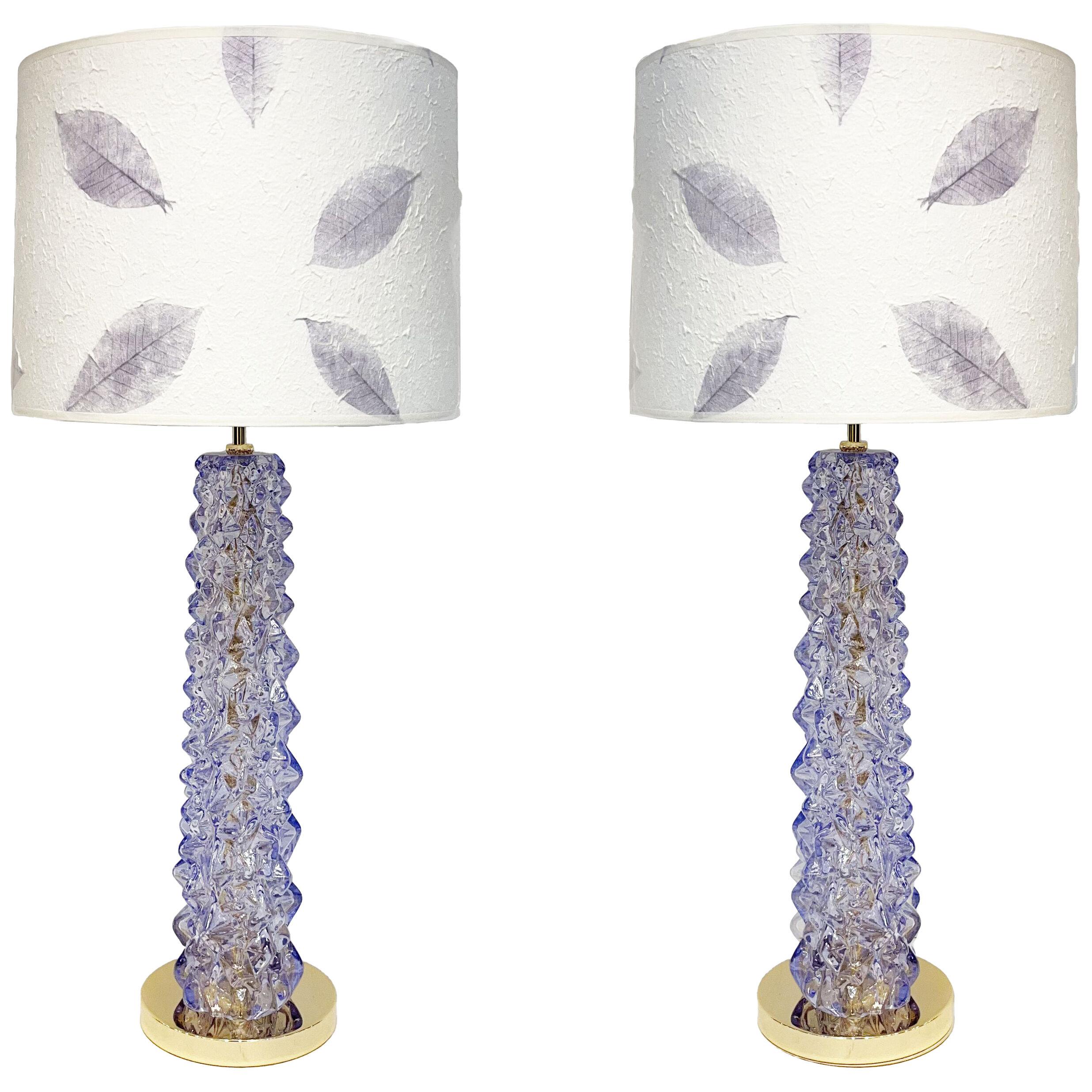 Contemporary Amethyst Purple Murano Glass Pair of Brass Lamps with Custom Shade