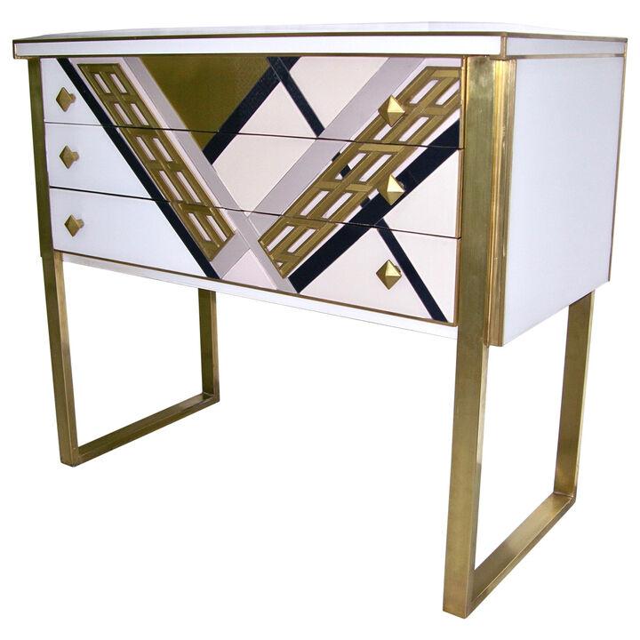 1990s Italian Unique White Black and Gold Chest or Sideboard on Brass Legs