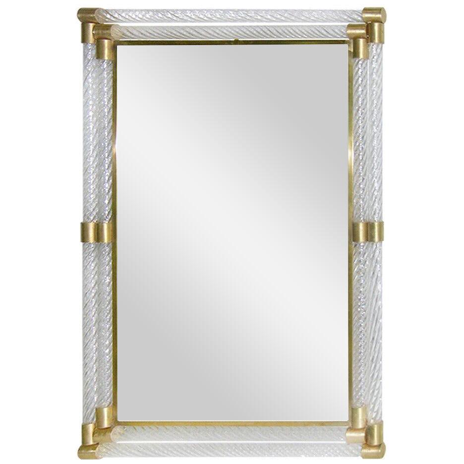 Italian Frame Twisted Crystal Murano Glass Mirror with Gold Brass Accents	