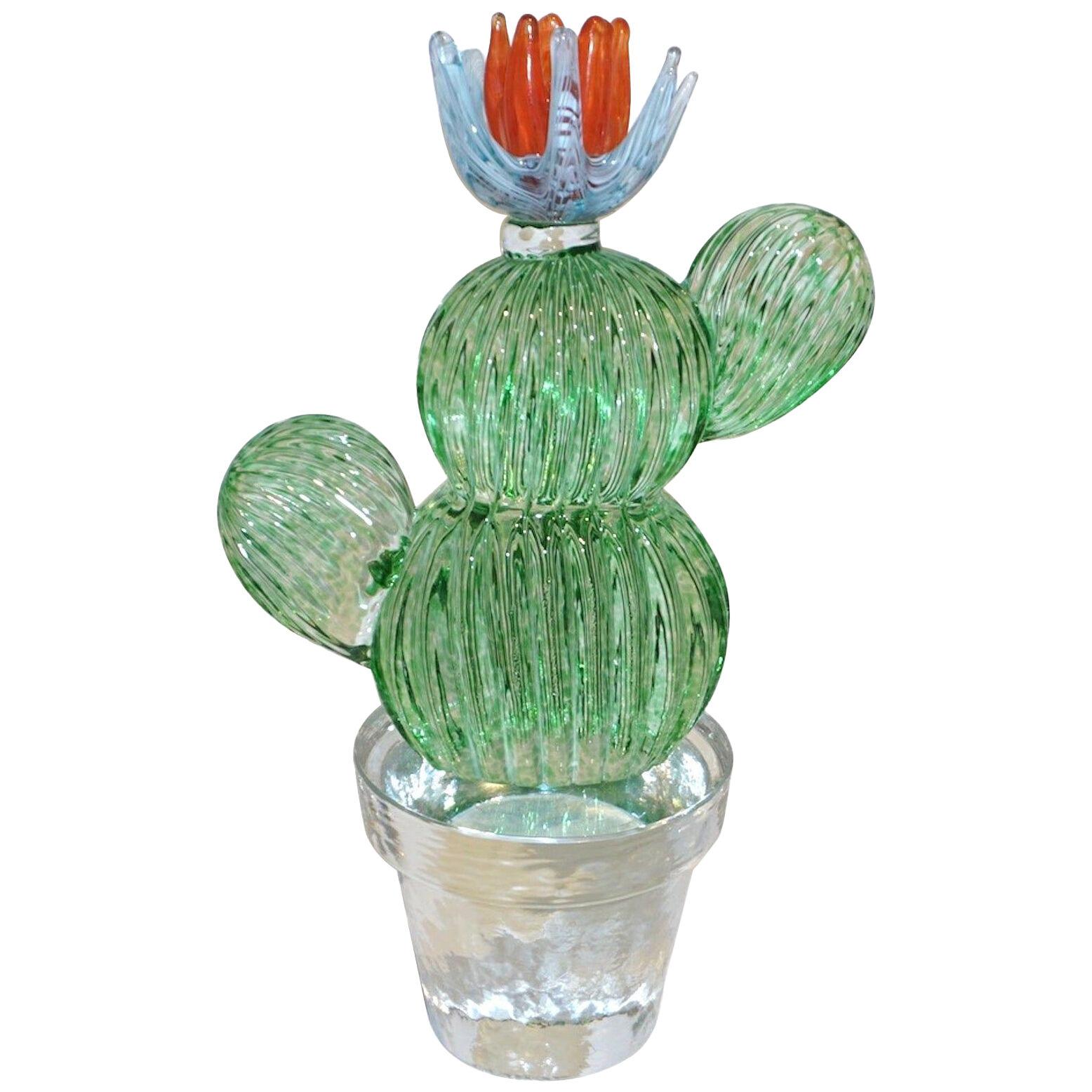 1990s Marta Marzotto Vintage Murano Glass Green Cactus Plant & Blue Coral Flower