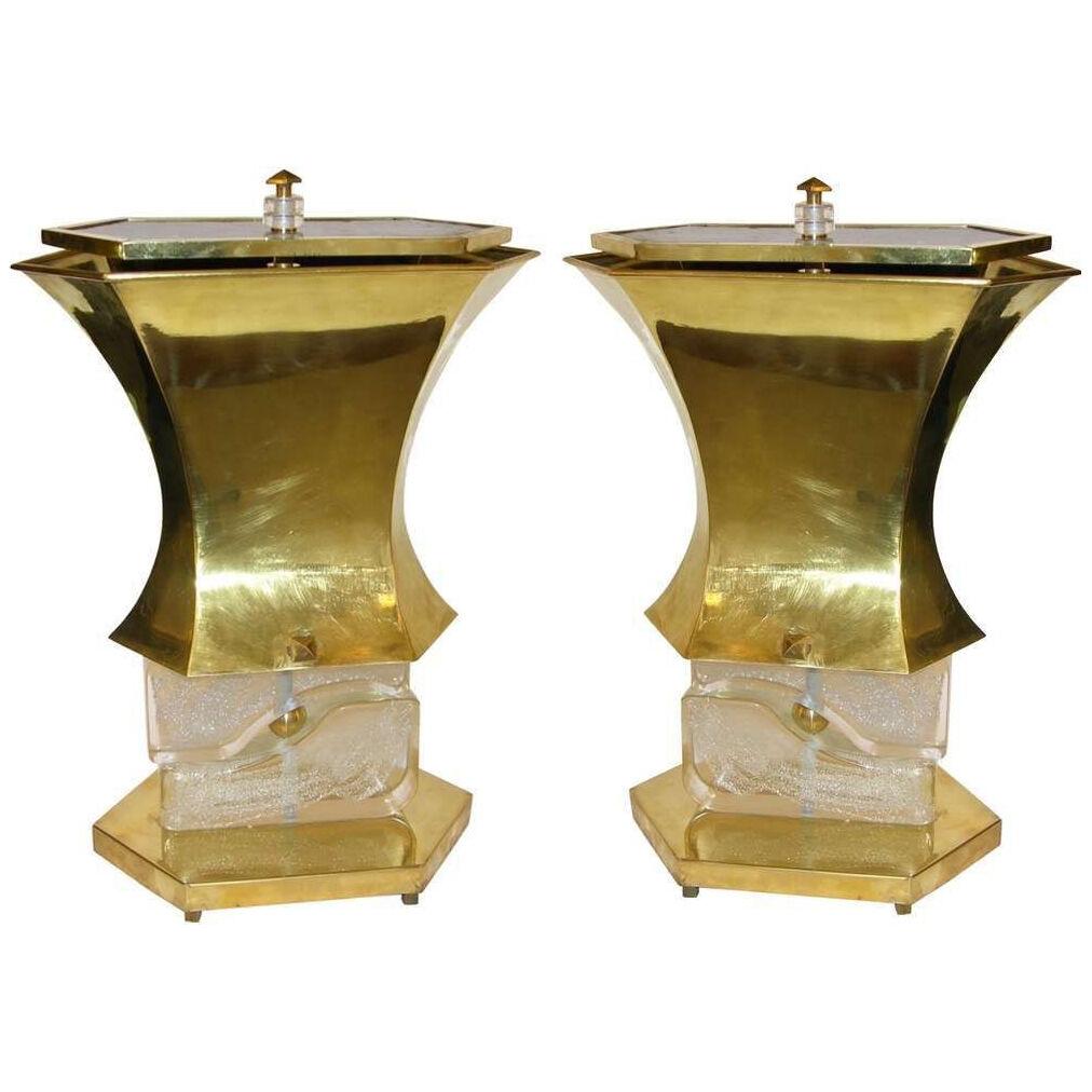 Gucci 1980s Italian Pair of Post Modern Crystal and Silve Glass Gold Brass Lamps