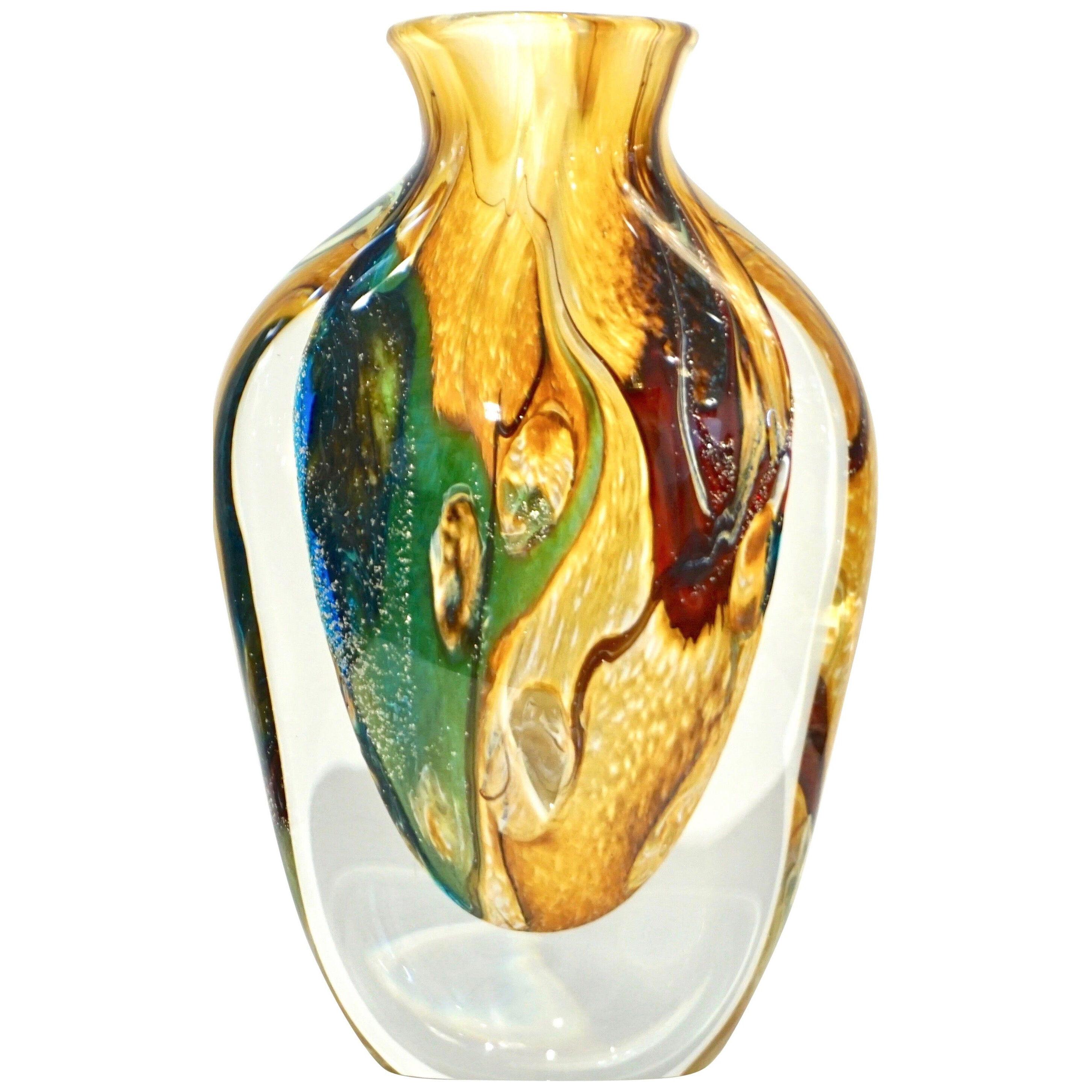Michele Onesto 1990s Green Yellow Blue Silver Overlaid Crystal Murano Glass Vase