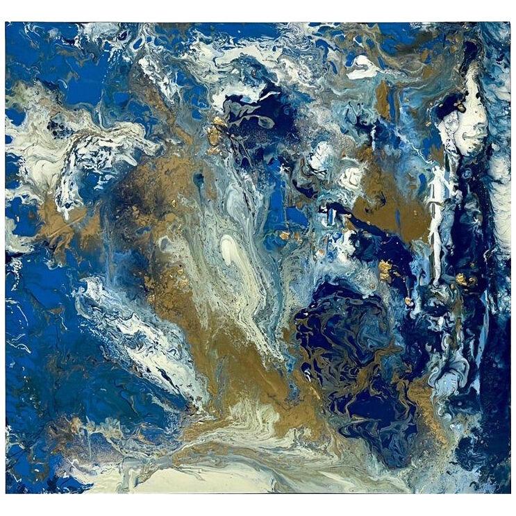 Contemporary Italian Modern Abstract Wall Art White Gold Royal Blue Oil Painting