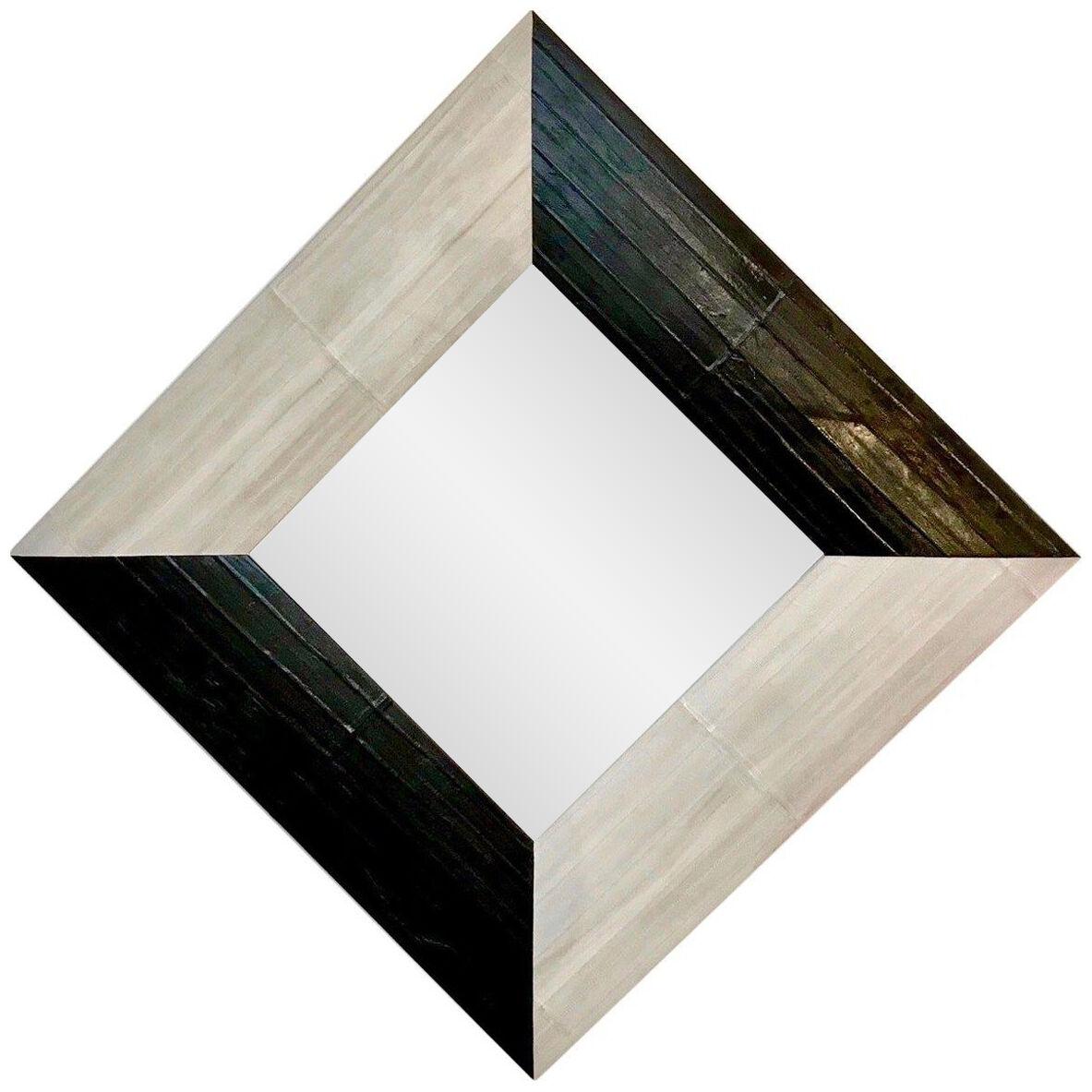 Contemporary Italian Square/Diamond Mirror in Black and Gray White Leather