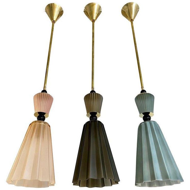 Italian Modern Set of 3 Smoked Gray, Pink, Aqua Blue Murano Glass Star Pendants 