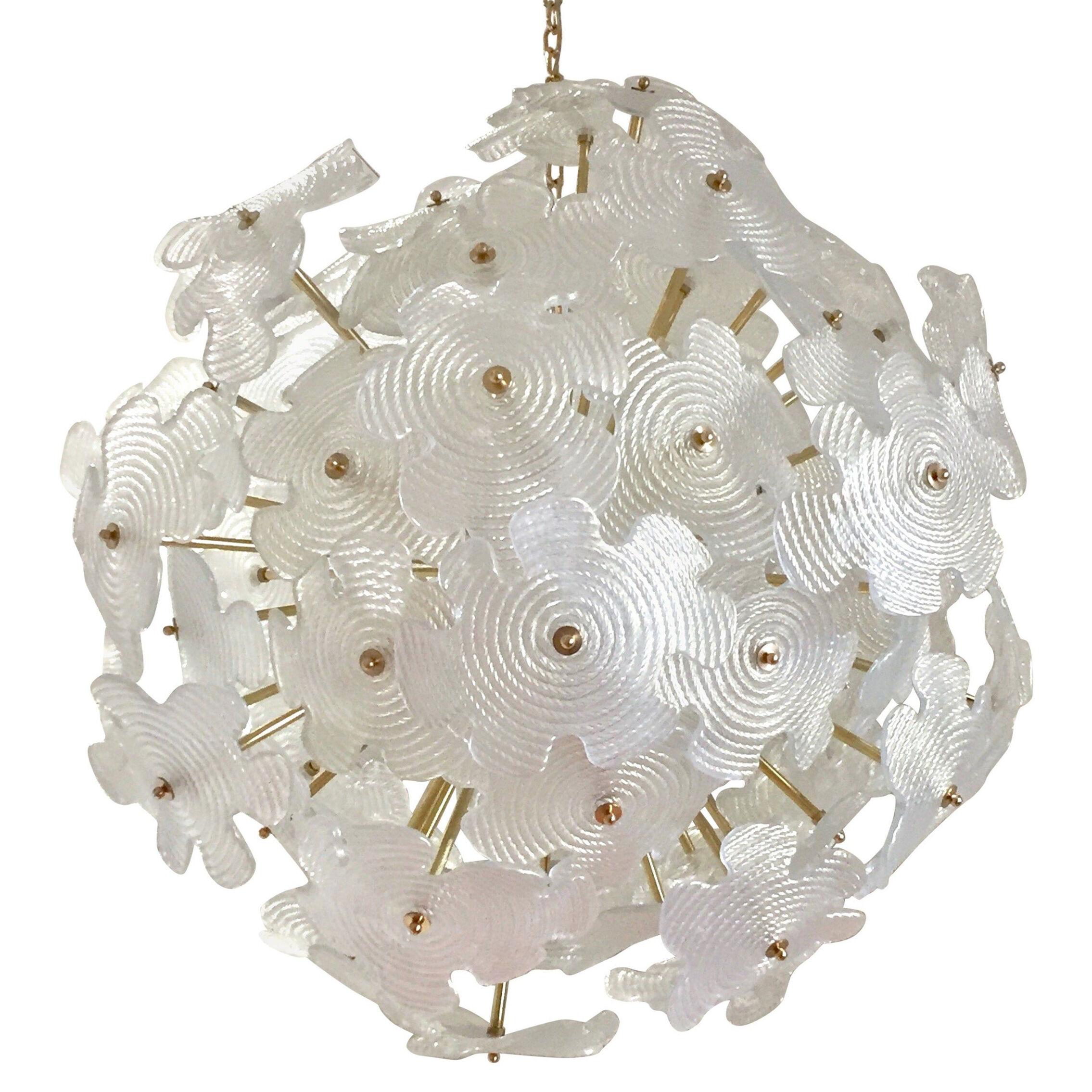 Contemporary Italian Brass & Satin White Murano Glass Flower Sputnik Chandelier