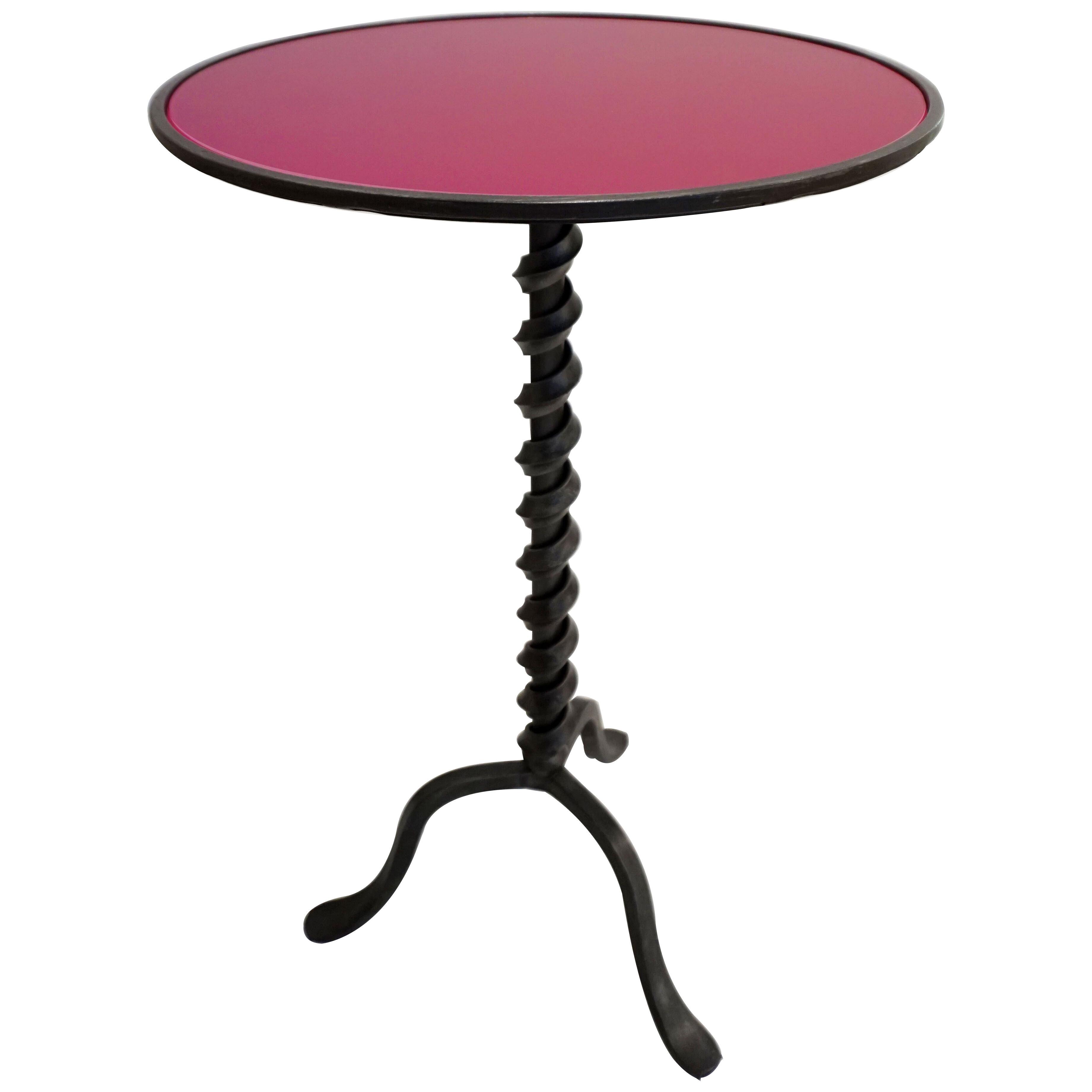 Italian Twisted Cast Iron Customizable Fuchsia Glass Color Side Coffee Table