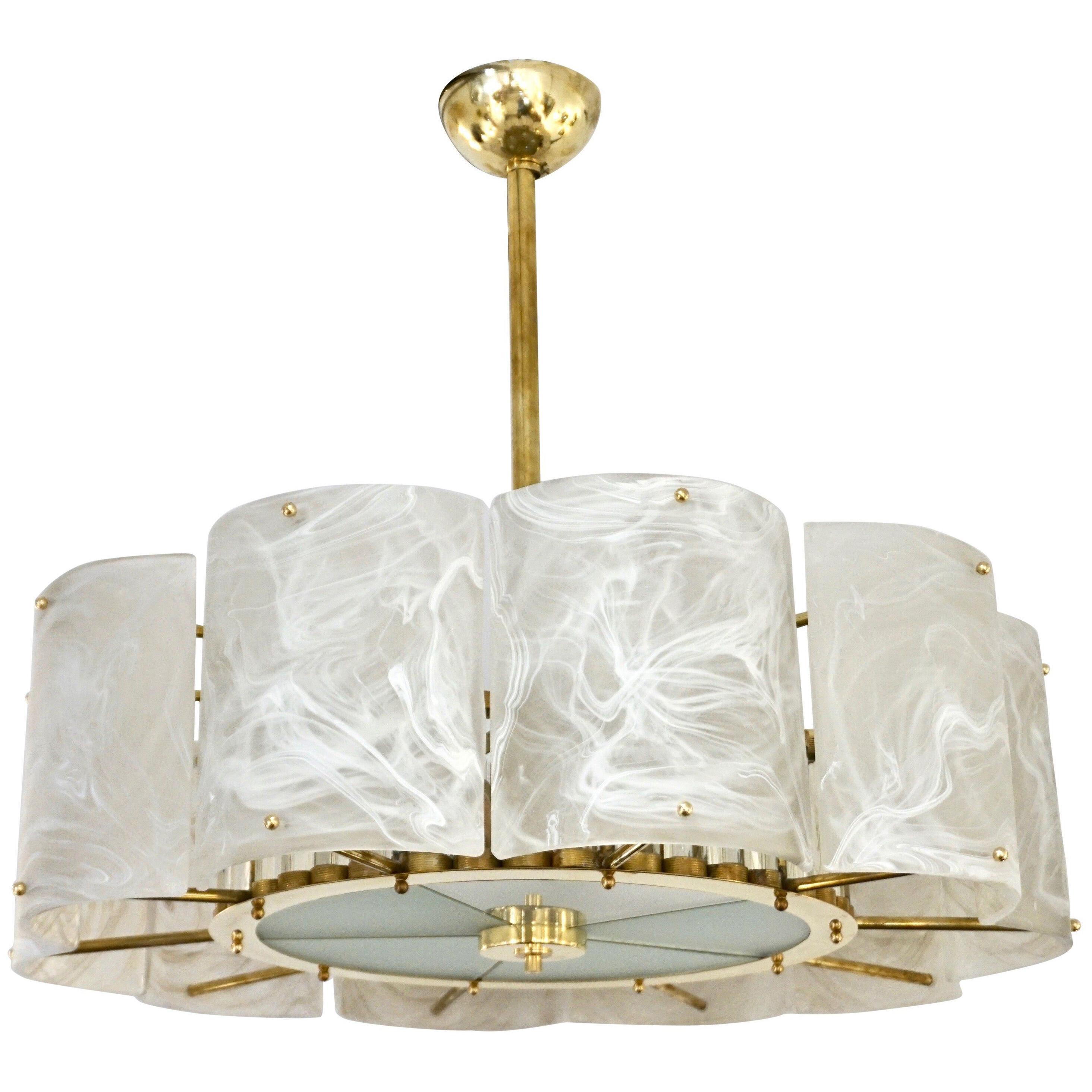 Bespoke Italian Alabaster White Murano Glass Brass Round Chandelier / Flushmount