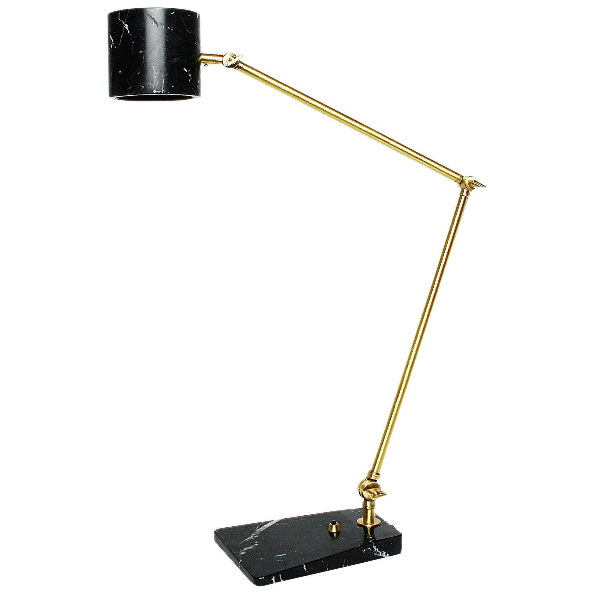 Custom Italian Mid-Century Modern Style Black Marble Brass Adjustable Table Lamp