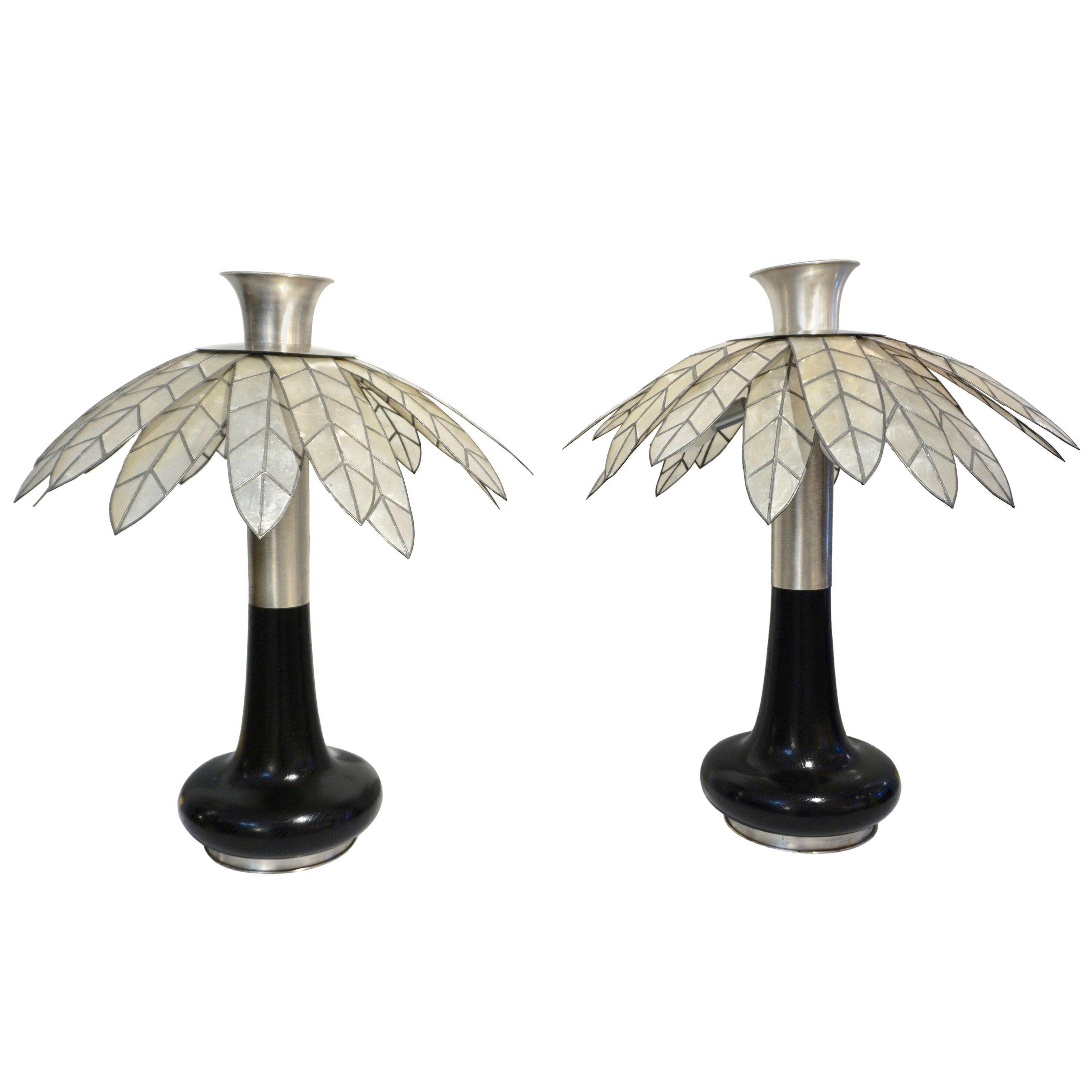 1975 Banci Italian Art Deco Pair of Mother of Pearl & Black Ebonized Palm Lamps