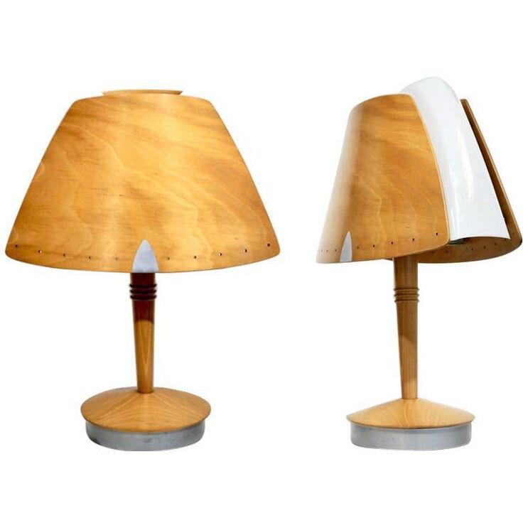 1970 French Pair of Birch Wood and Acrylic Table Lamp for Barcelona Hilton Hotel
