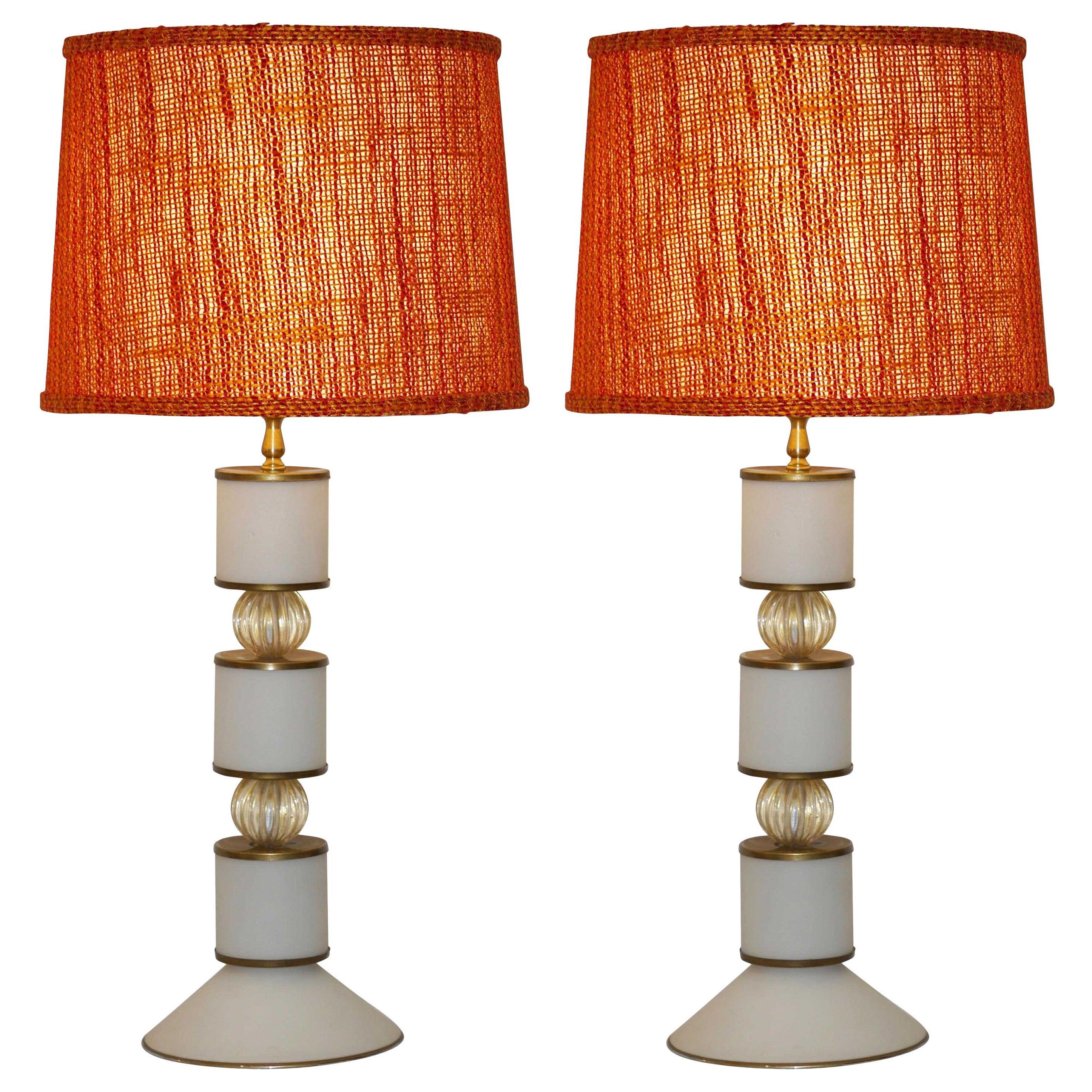 Albarelli Pair of Tall Matte White and Gold Murano Glass Lamps, circa 1960