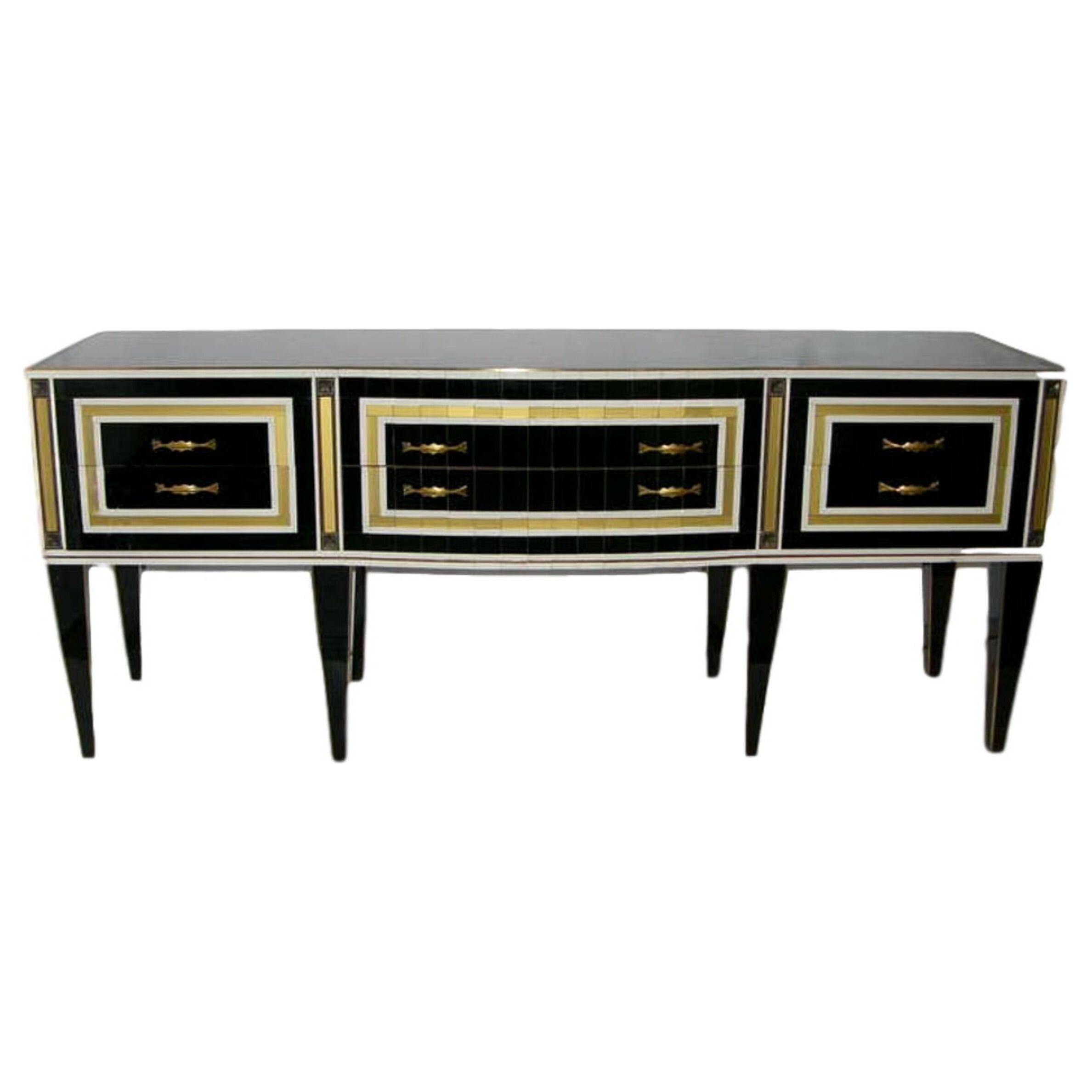 1950s Italian Art Deco Style Black Glass Sideboard with White and Bronze Insets	