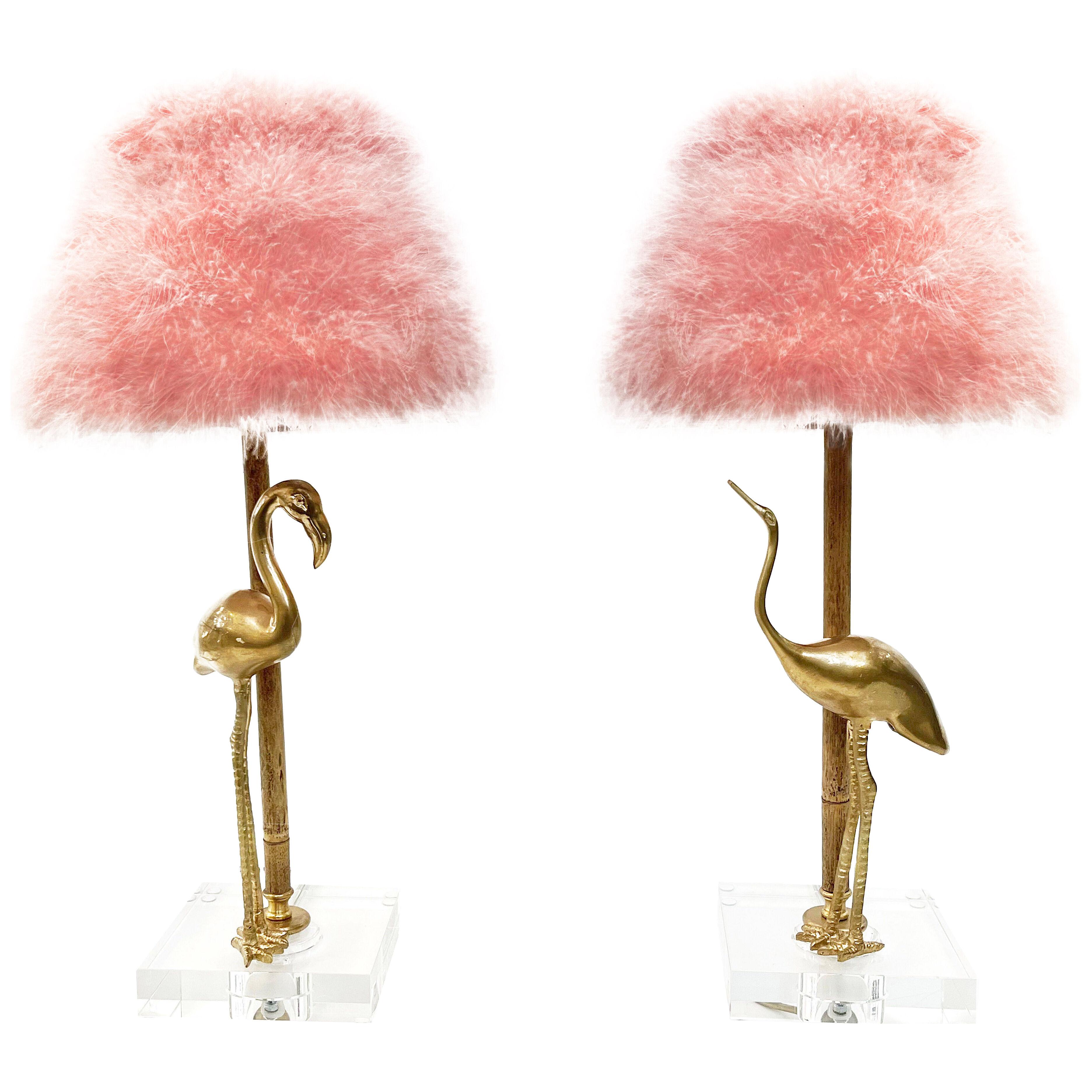 1970 Italian Vintage Pair of Brass Lucite Bamboo Table Lamps & Pink Fur Shades