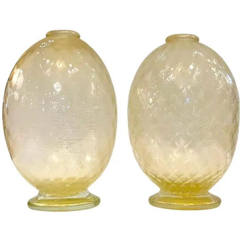 Modern Italian Pair of Gold Honeycomb Murano Glass Organic Round Vases