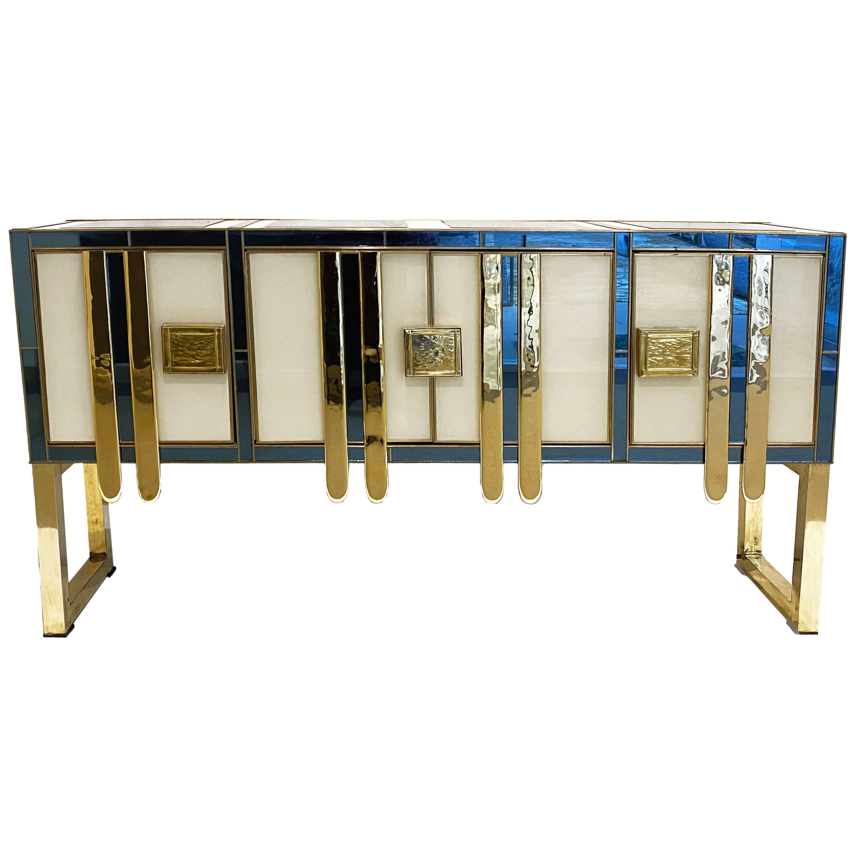 Mid-Century Modern Vintage Italian Aqua Blue Cream Gold Brass Modern Sideboard