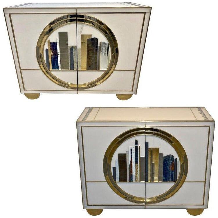 Italian Contemporary Bespoke Ivory Cabinets with New York Blue & Gold Sculpture