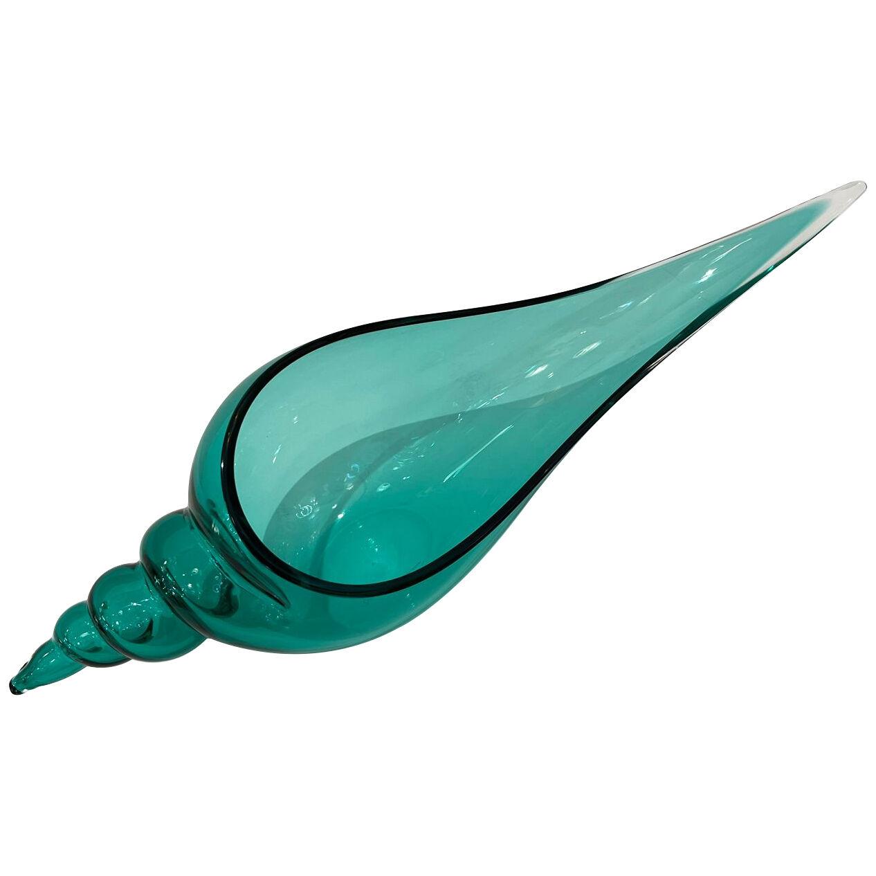 1980 Romano Donà Italian Modern Aqua Turquoise Murano Art Glass Spire Shell Bowl