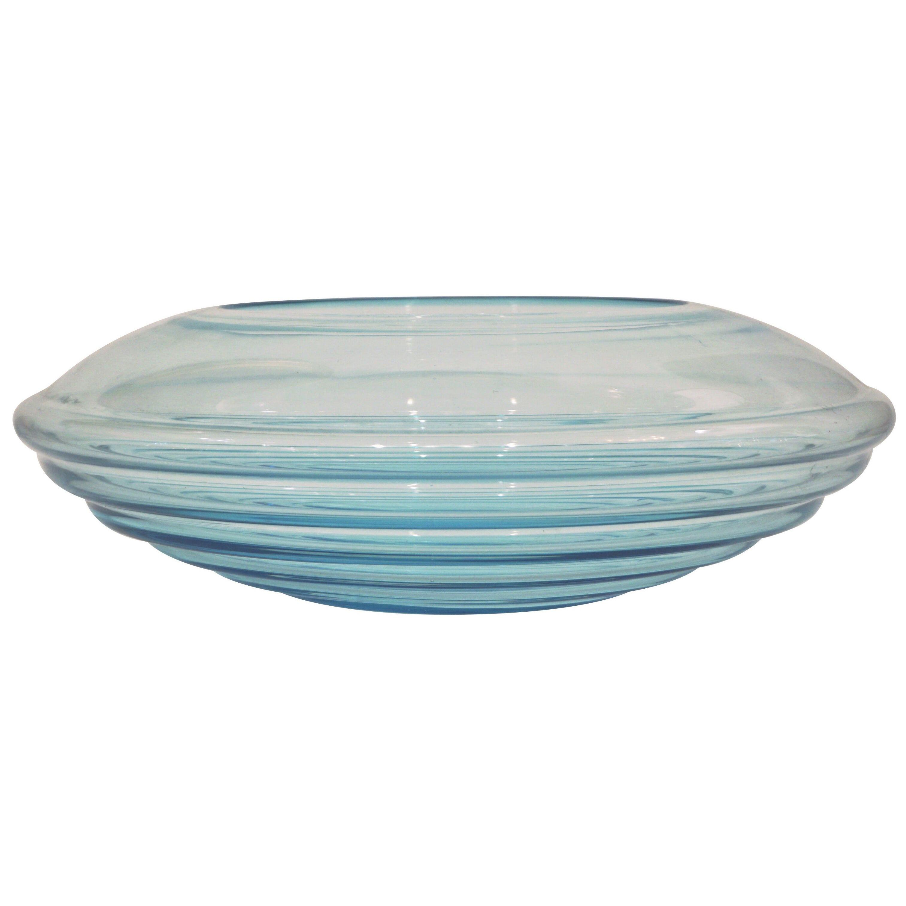 Giampaolo Ghisetti 1970s Vintage Round Aquamarine Blue Murano Glass Ribbed Bowl