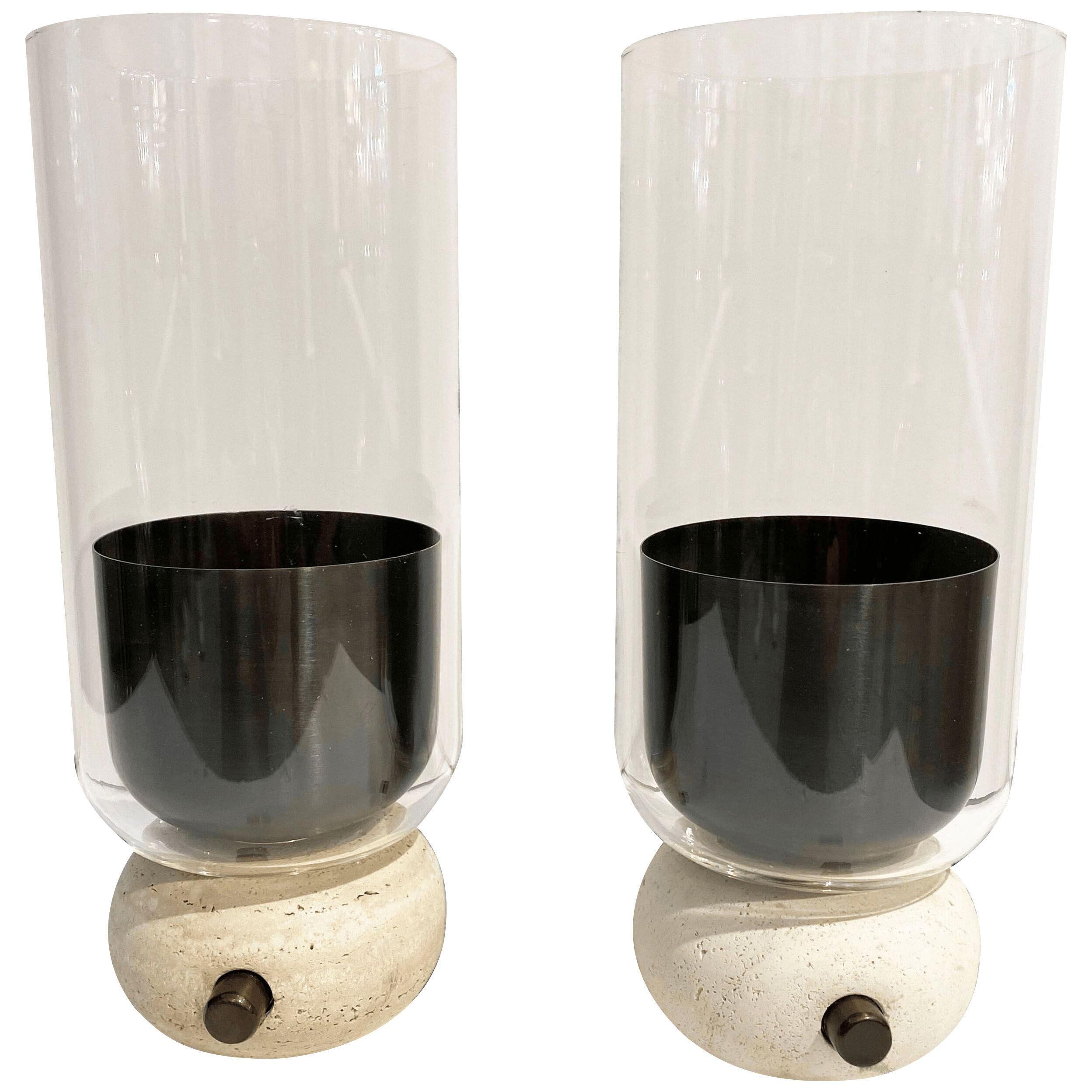E. Elizarova for Matlight Italian Pair Travertine Glass Bronze Flute Table Lamps