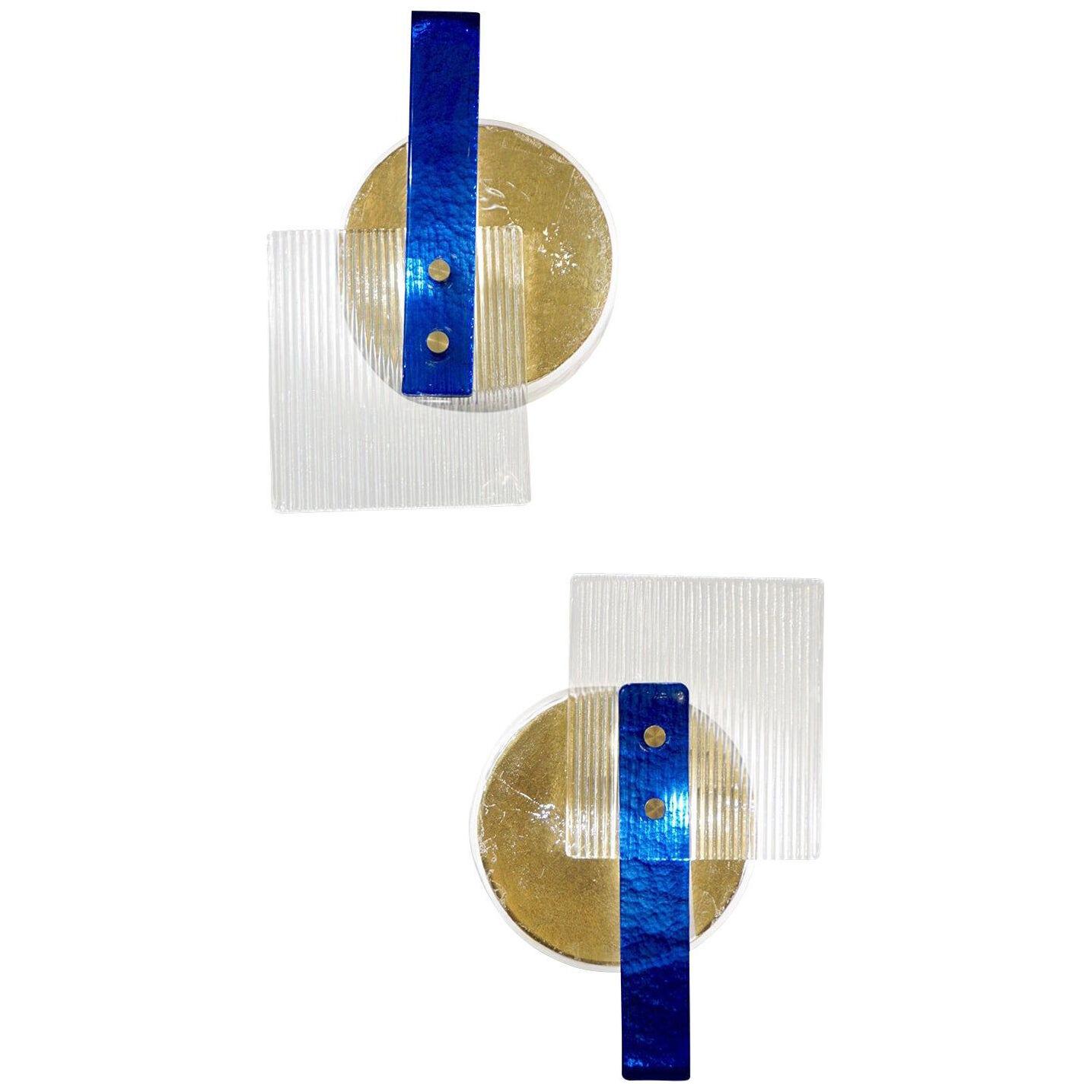 Italian Pair of Abstract Modern Gold Sapphire and Crystal Murano Glass Sconces	