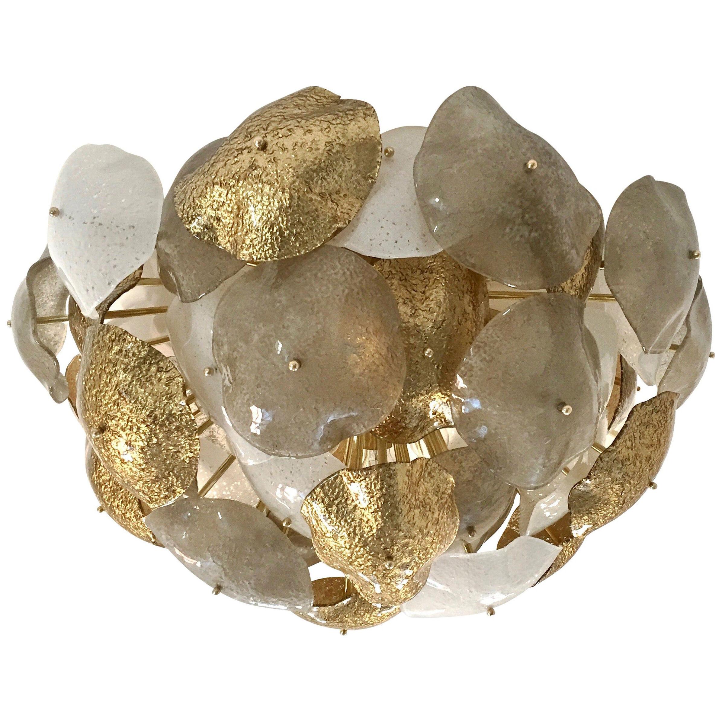 Contemporary Italian Gold Silver White Scavo Murano Glass Round Leaf Flushmount