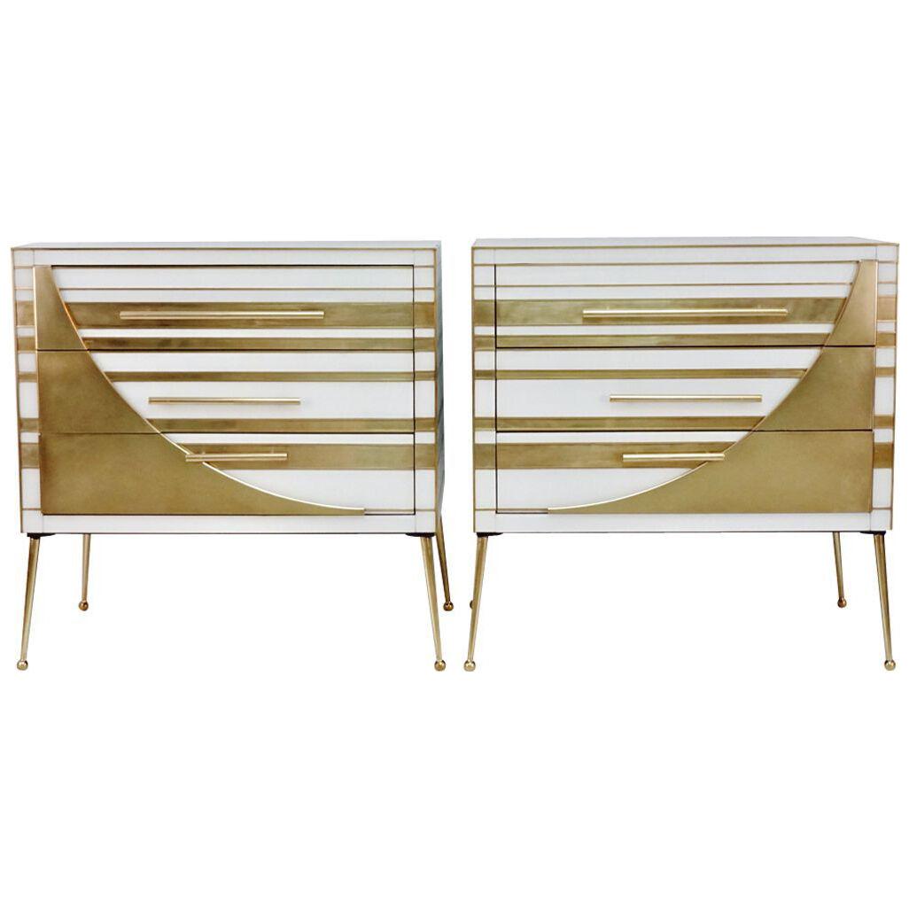 Contemporary Italian Pair of Gold Brass and White Cream Glass Chests Side Tables