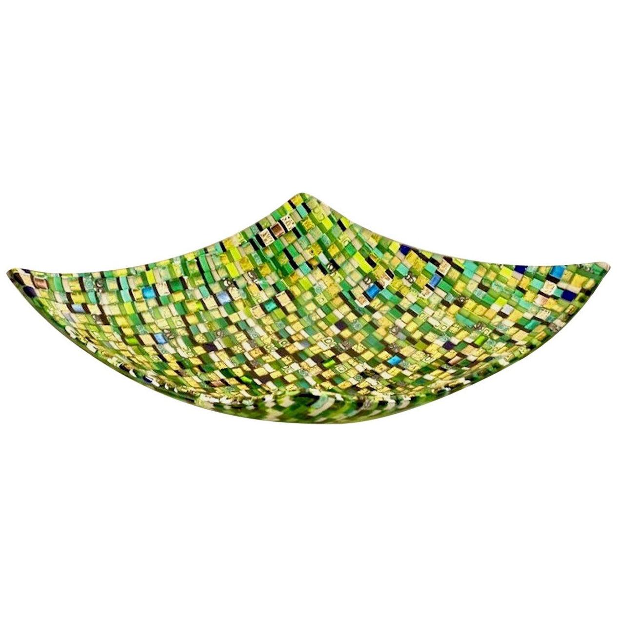 Modern Italian Jewel-Like Green Yellow & 24Kt Gold Murano Art Glass Mosaic Bowl
