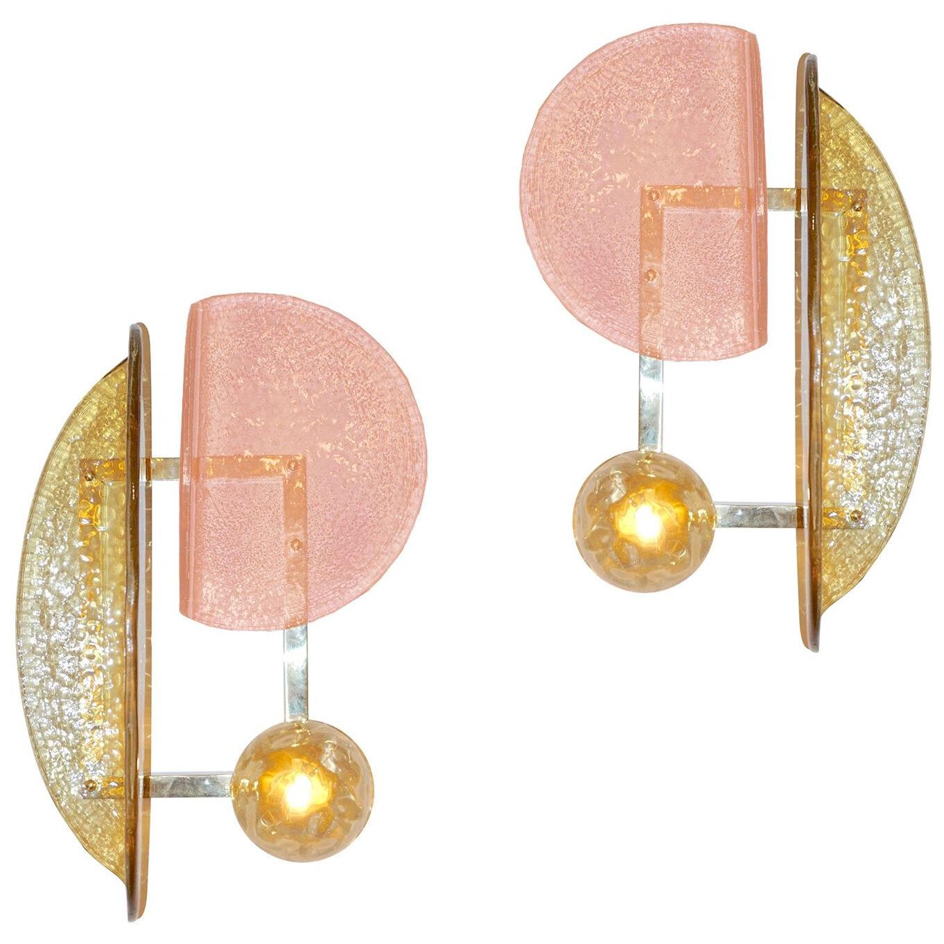 Contemporary Italian Pair of Pink and Amber Murano Glass Gold Brass Sconces