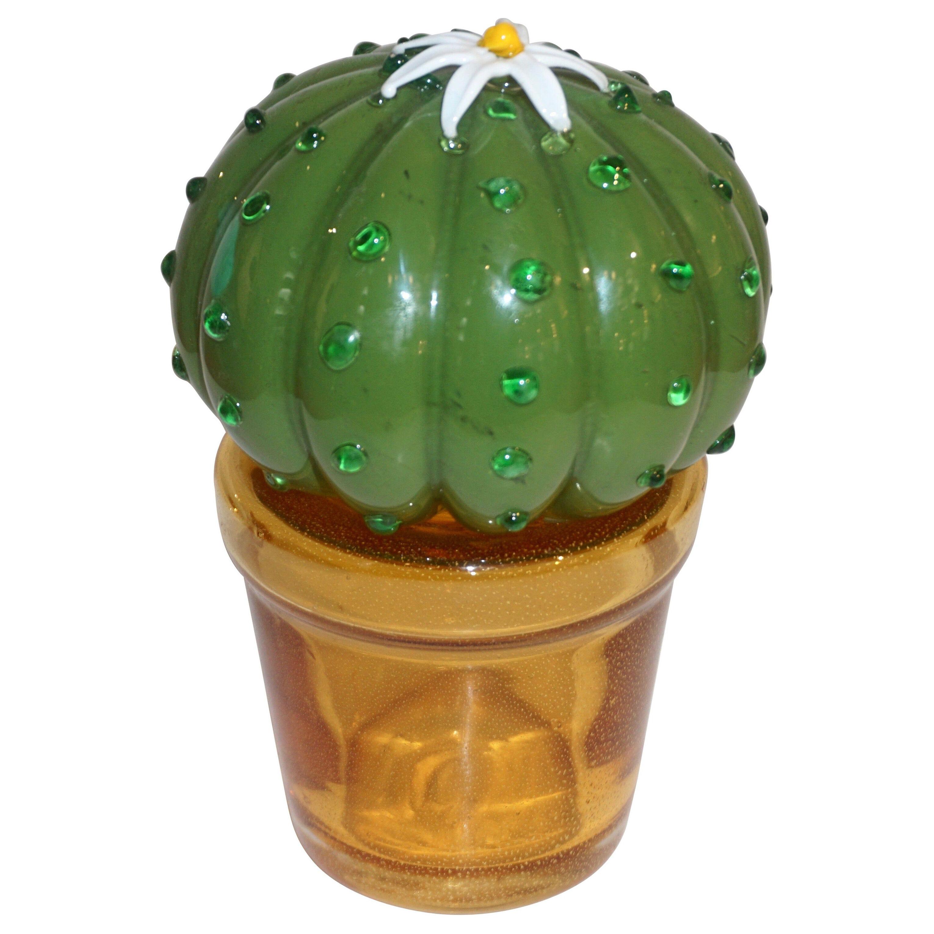 1990s Vintage Italian Green Murano Glass Small Cactus Plant with White Flower
