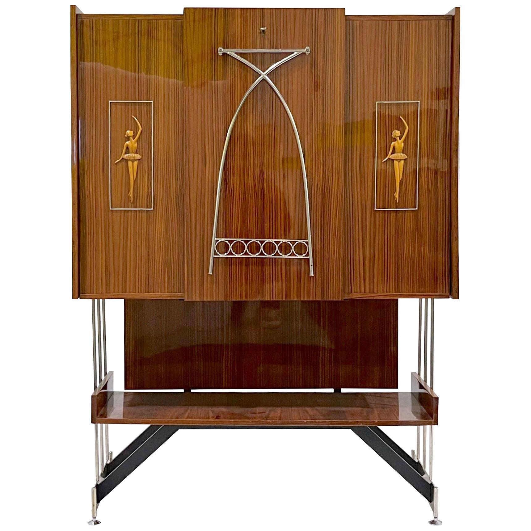 1960s Vittorio Dassi Italian Bar Cabinet with Drop Down Table and Pull Out Sides