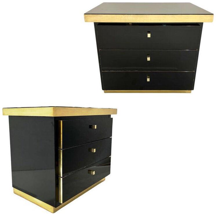 1970 Italian Vintage Brass Black Lacquer 3-Drawer Pair of NightStands/Sidetables