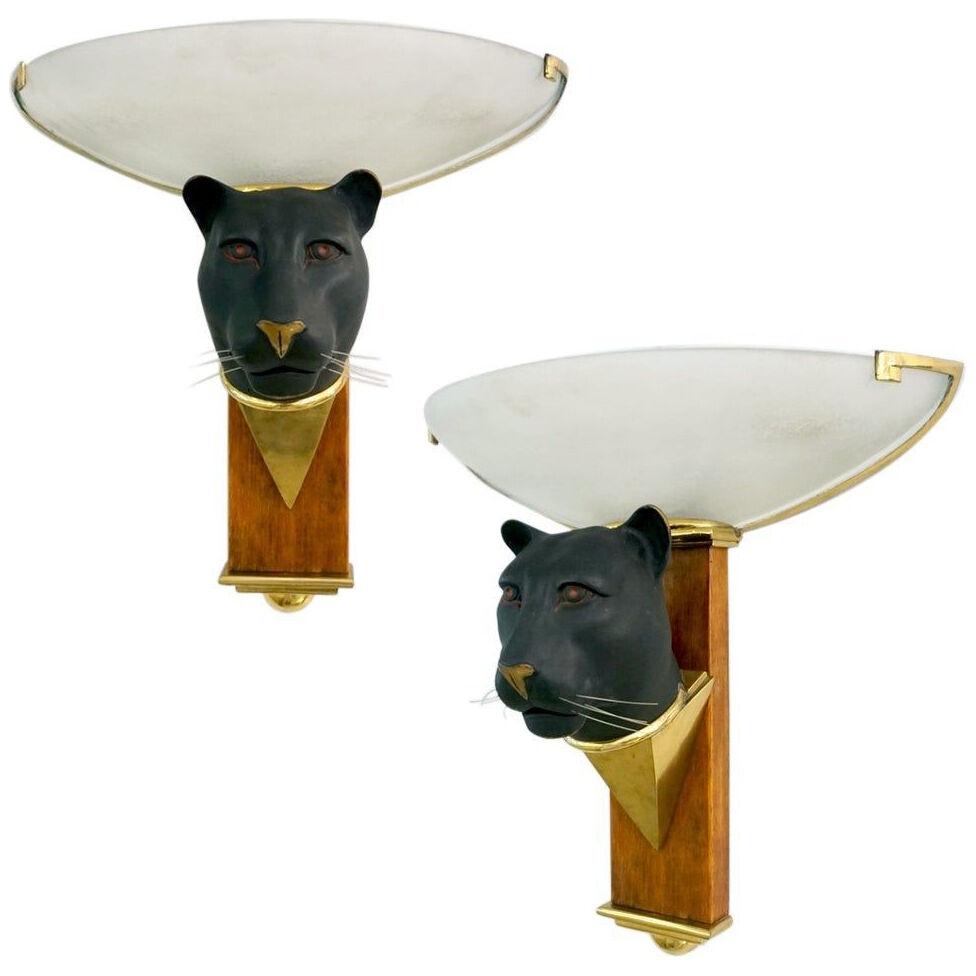 1950s Italian Art Deco Pair of Black Panther Bronze Frosted Glass Wall Lights