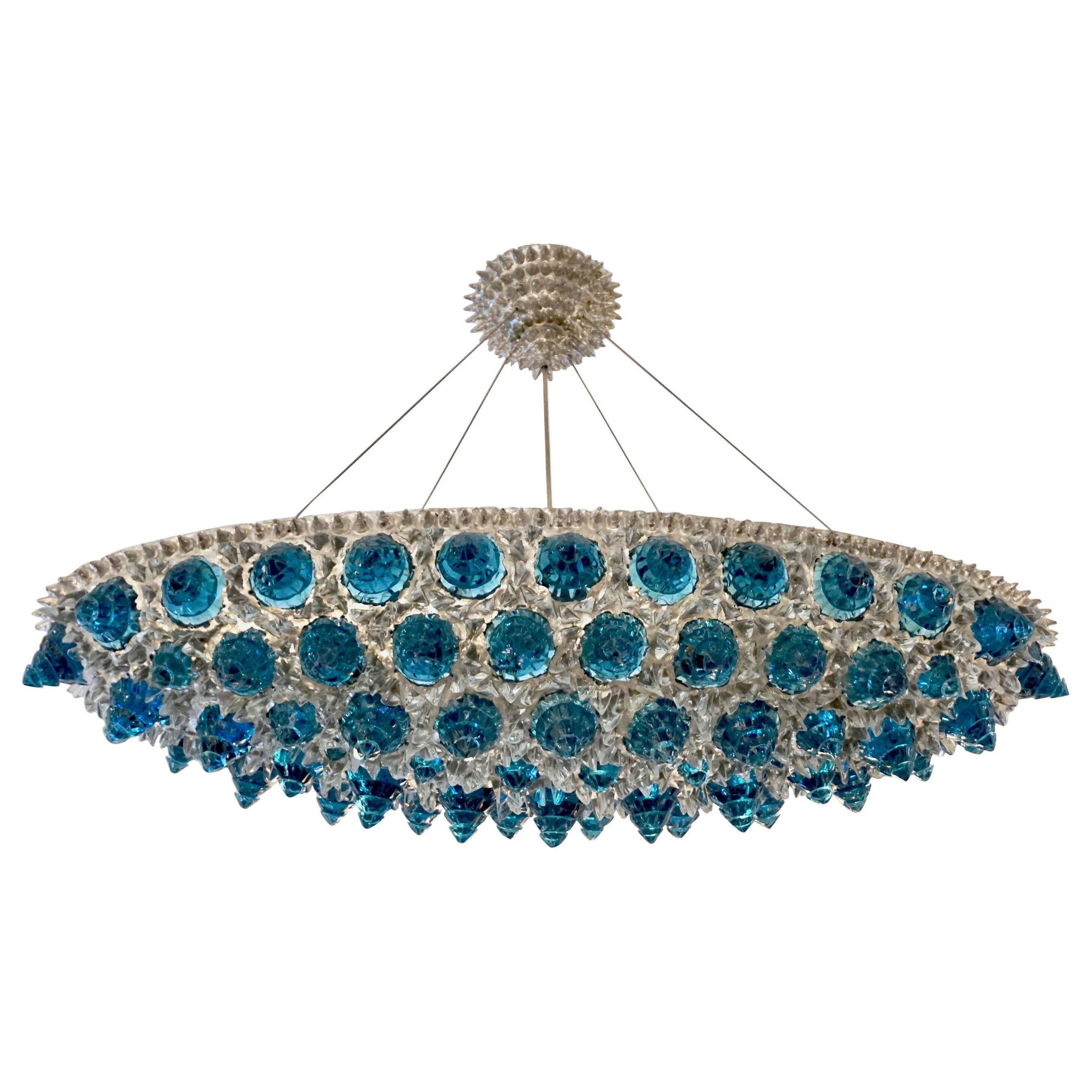 Contemporary Italian Turquoise Blue & Clear Glass Oval Silver Flush/Chandelier
