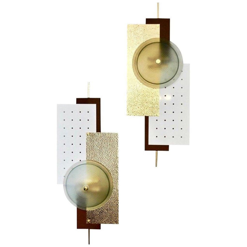 Italian Modernist Gold White & Brown Geometric Textured Metal & Glass Sconces