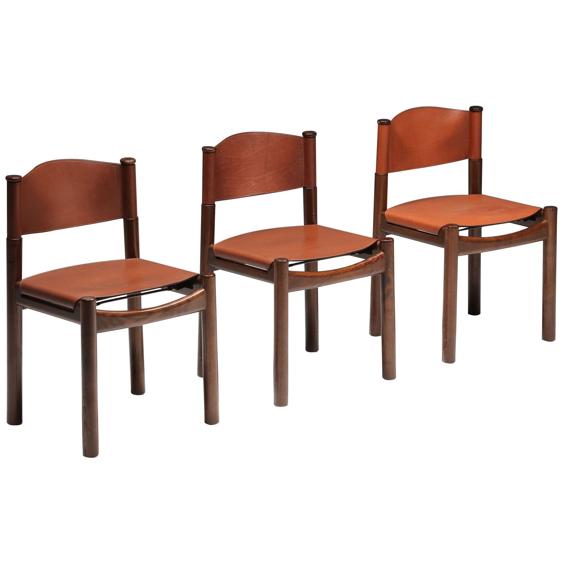Scarpa Inspired Walnut & Leather Dining Chairs Set of Three - 1950's