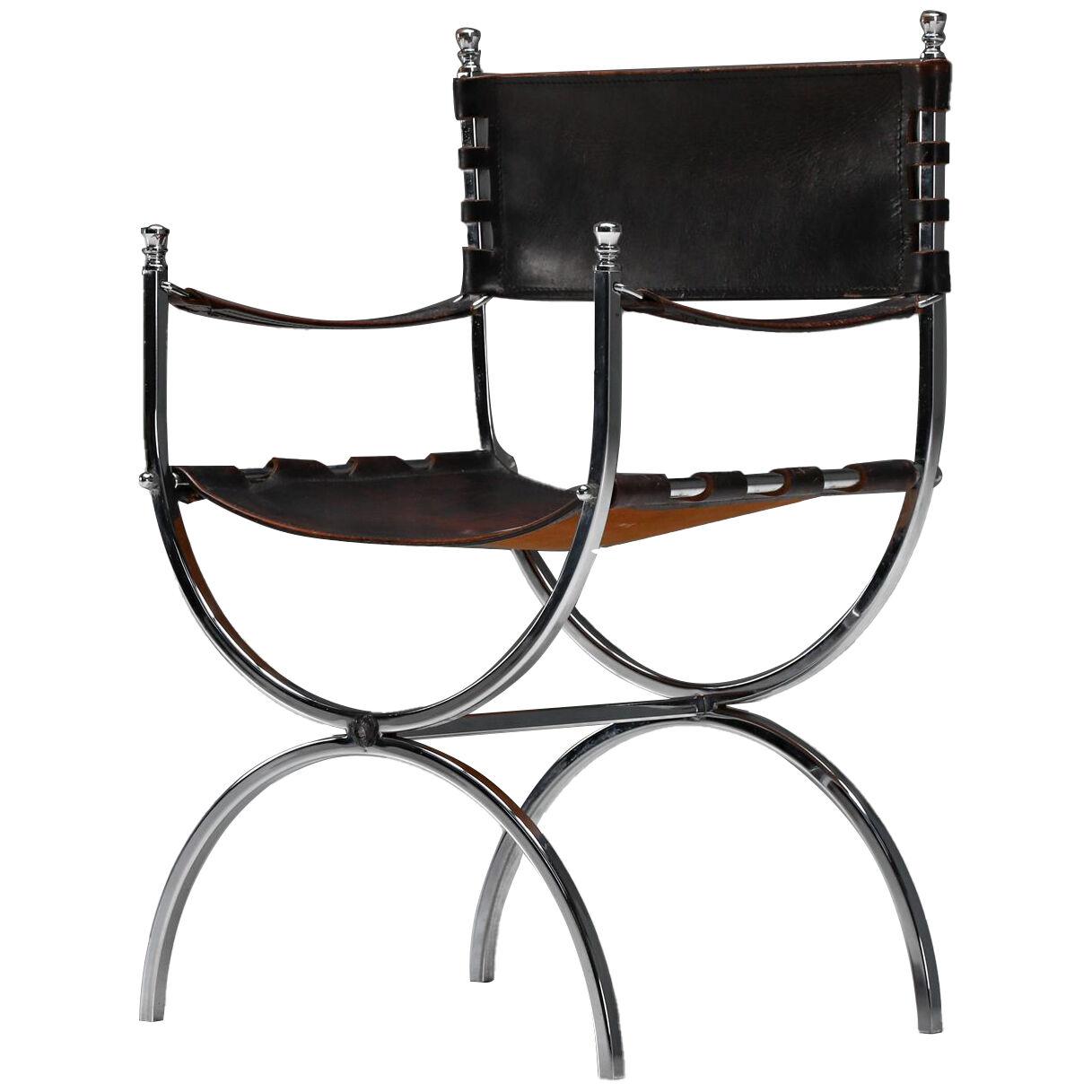 Maison Jansen Leather and Chrome "Savonarola" Emperor Chair - 1970's