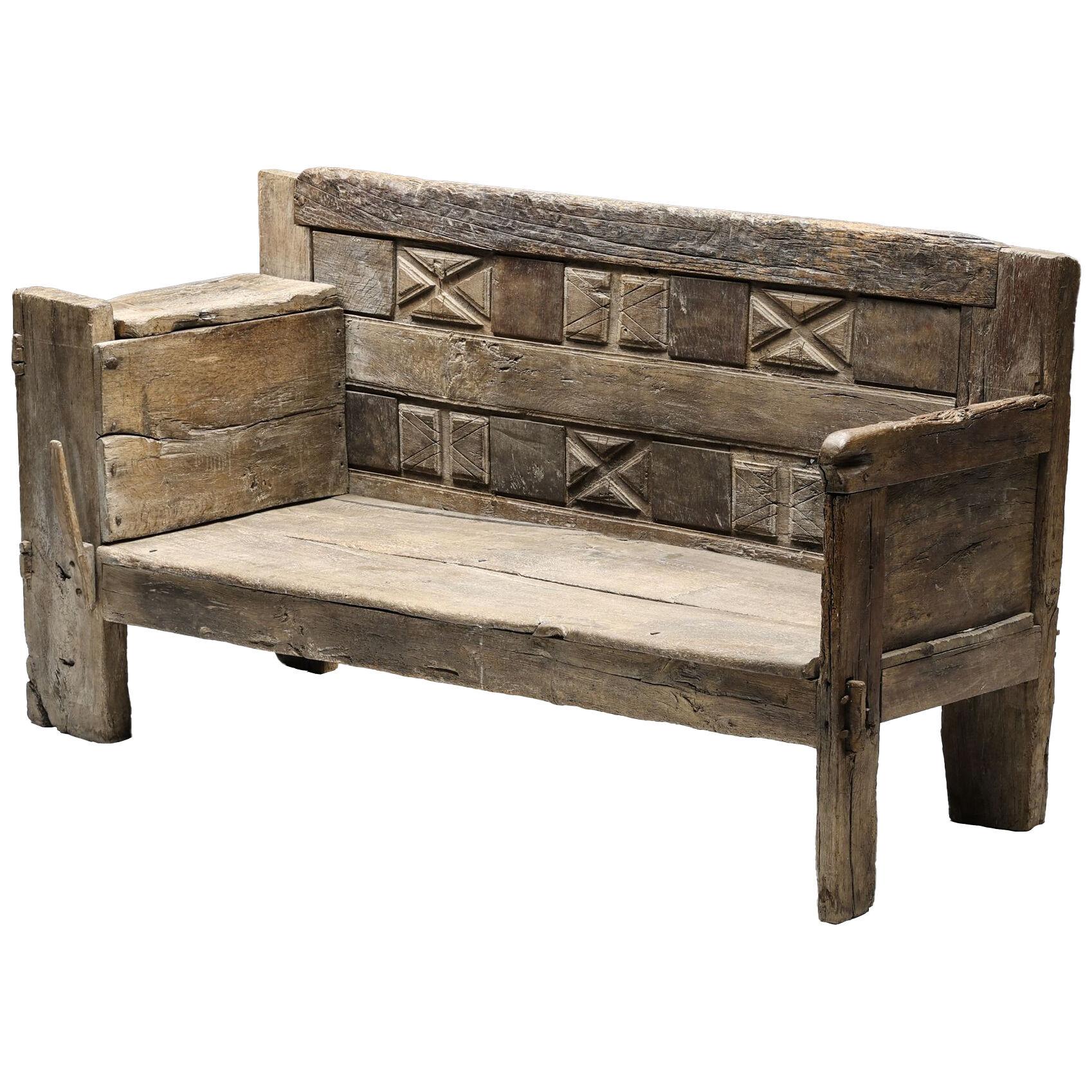Rustic Graphical Bench with Arm Rests - 1800's