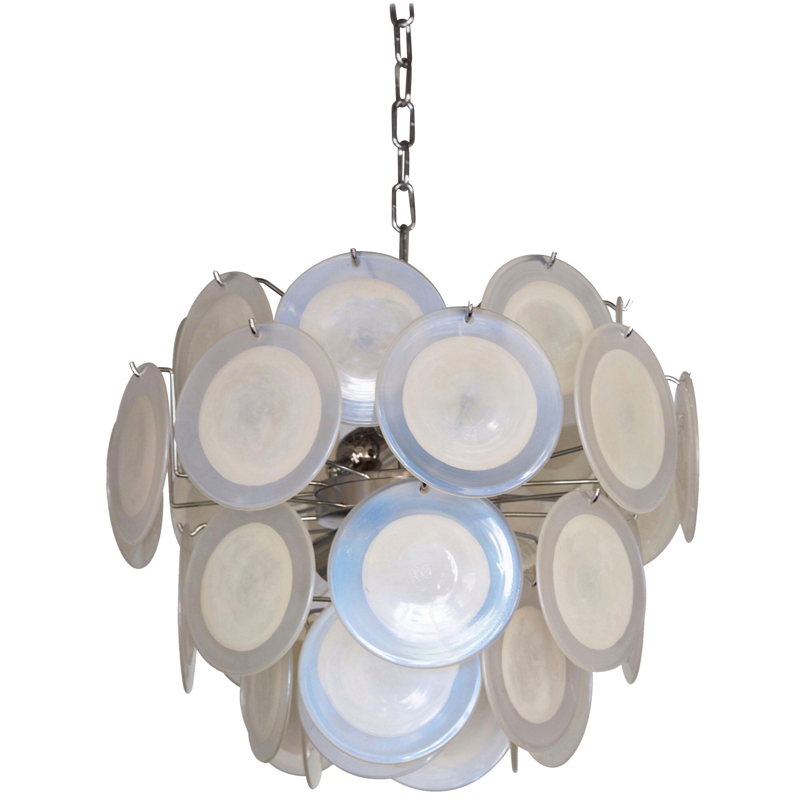 One of Two White Iridescent Murano Glass Disc Chandelier Attributed to Vistosi