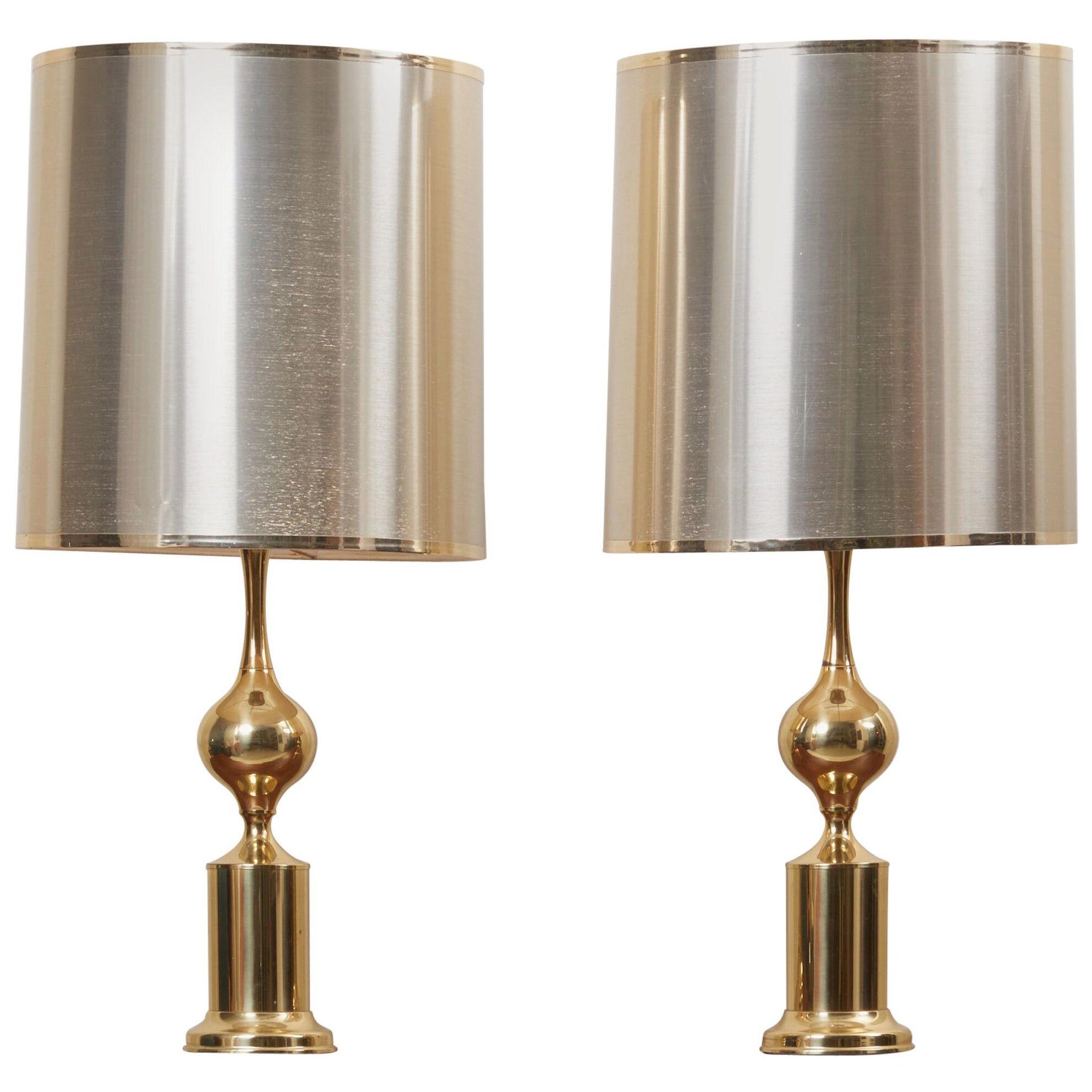 Huge Pair of Hollywood Regency Design Table Lamps in Brass with Metallic Shade	