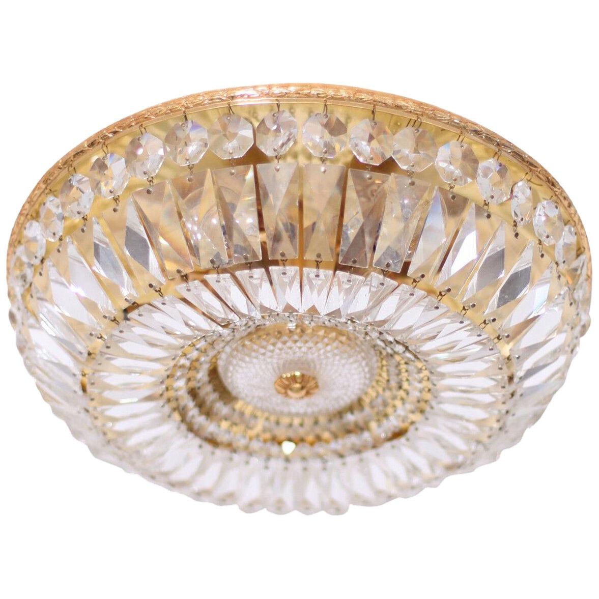 Large Crystal Glass and Brass Flush Mounts by Palwa