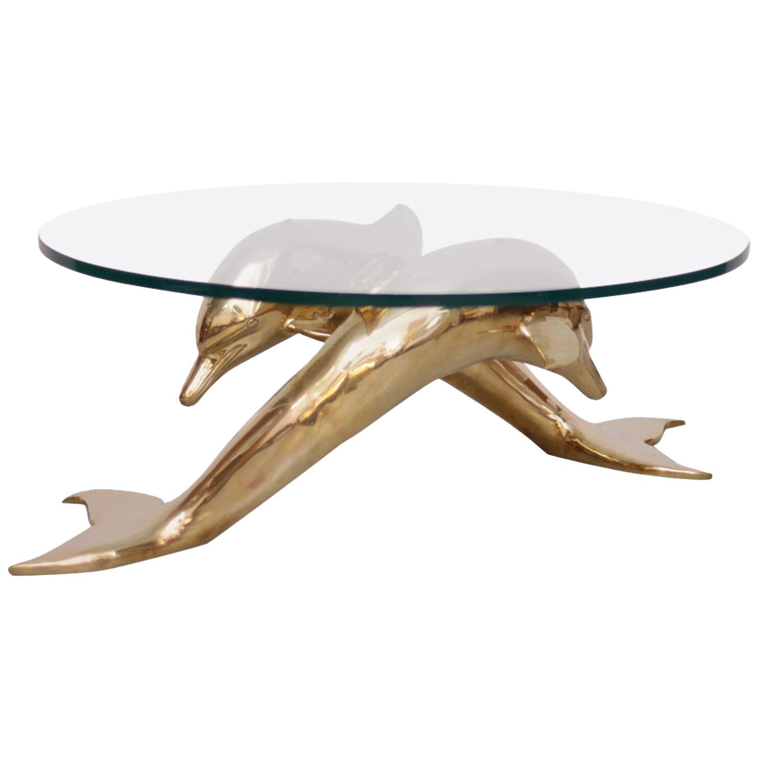 Brass Coffee Table in Form of Two Dolphins