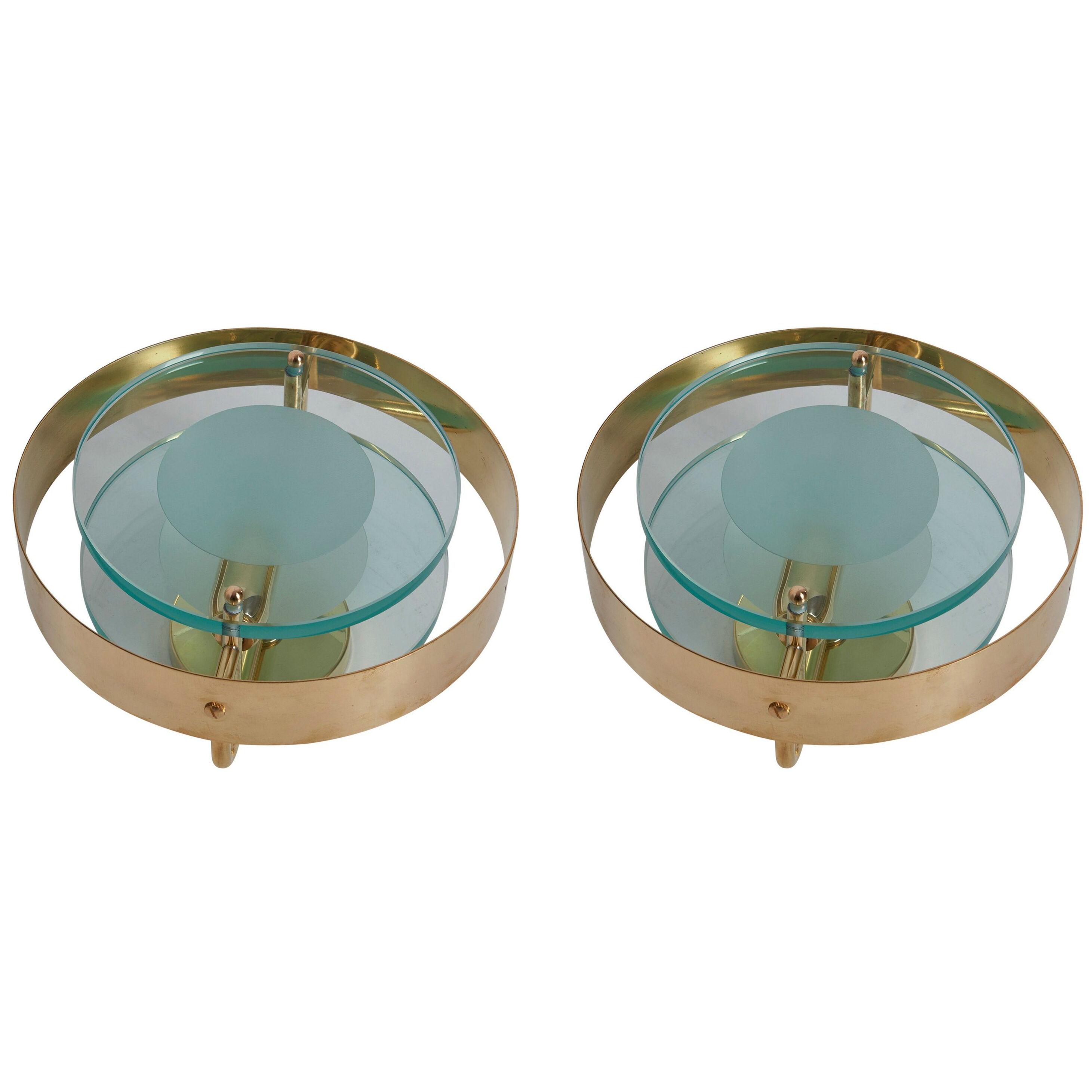 Pair of Brass and Glass Sconces in the Manner of Max Ingrand and Fontana Arte