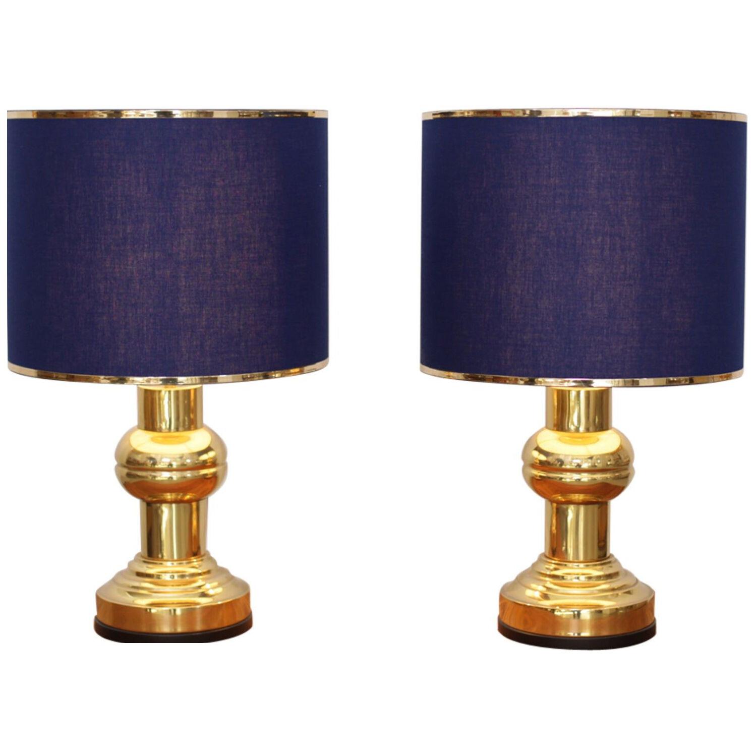 Set of Two Art Deco Style Table Lamps in Brass with Dark Blue Shades