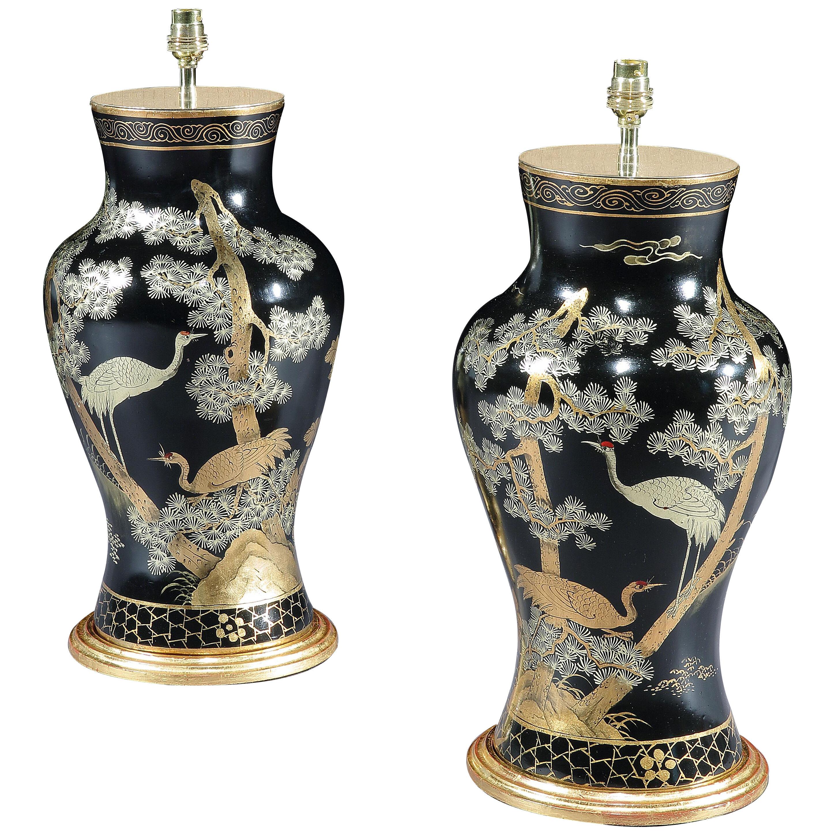 A PAIR OF CHINOISERIE LACQUERED LAMPS