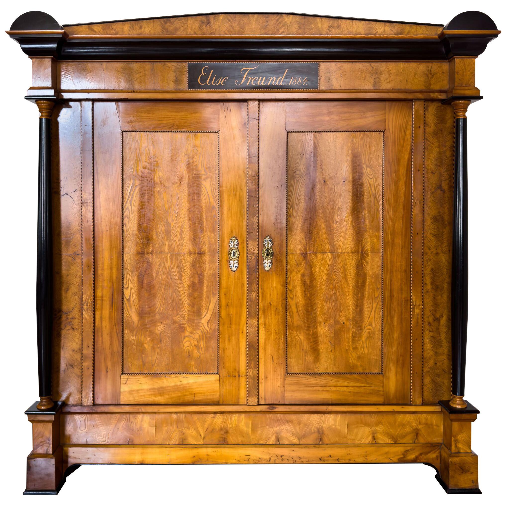 Large Biedermeier-style Wardrobe in Ash and Cherry, dated 1884