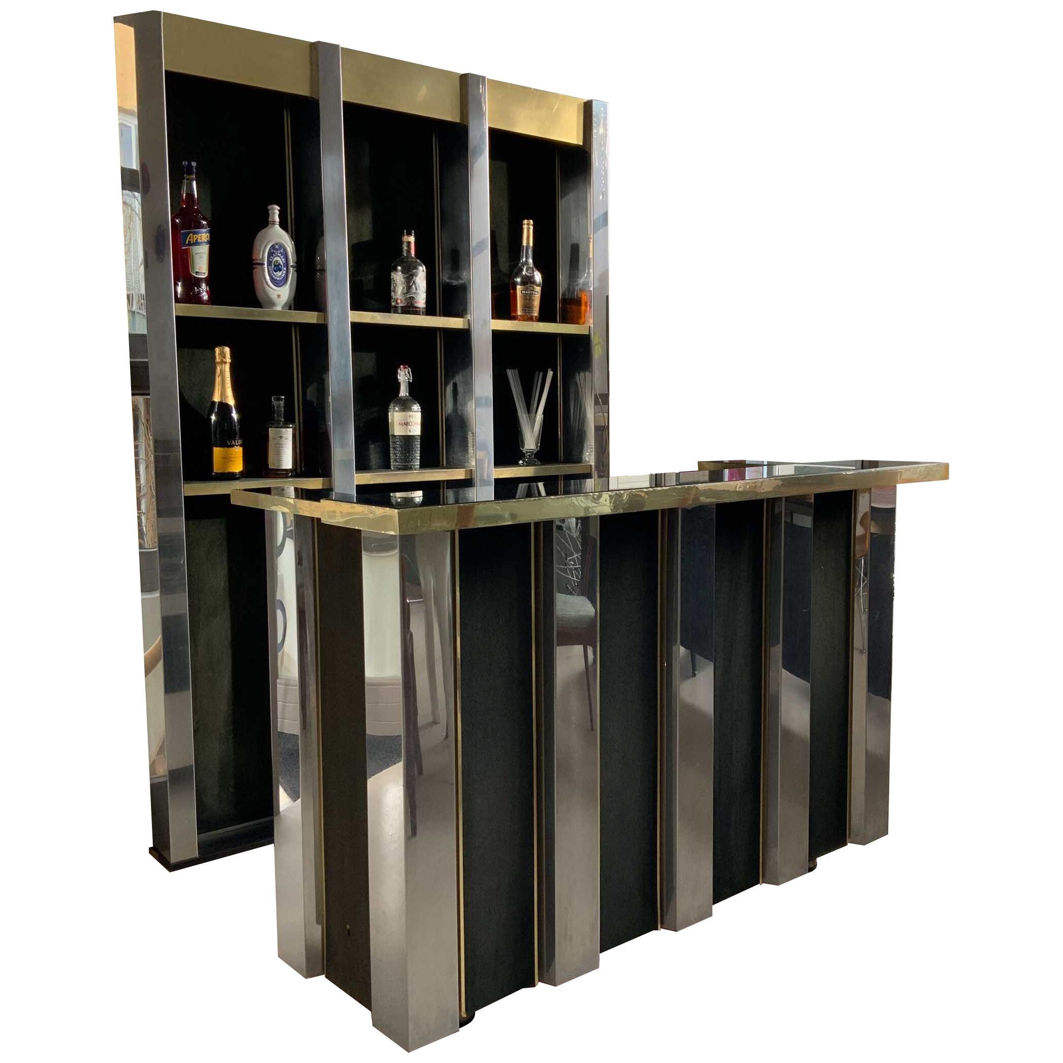 Bar in the Style of Willy Rizzo in Chrome and Brass, Italy 1970s