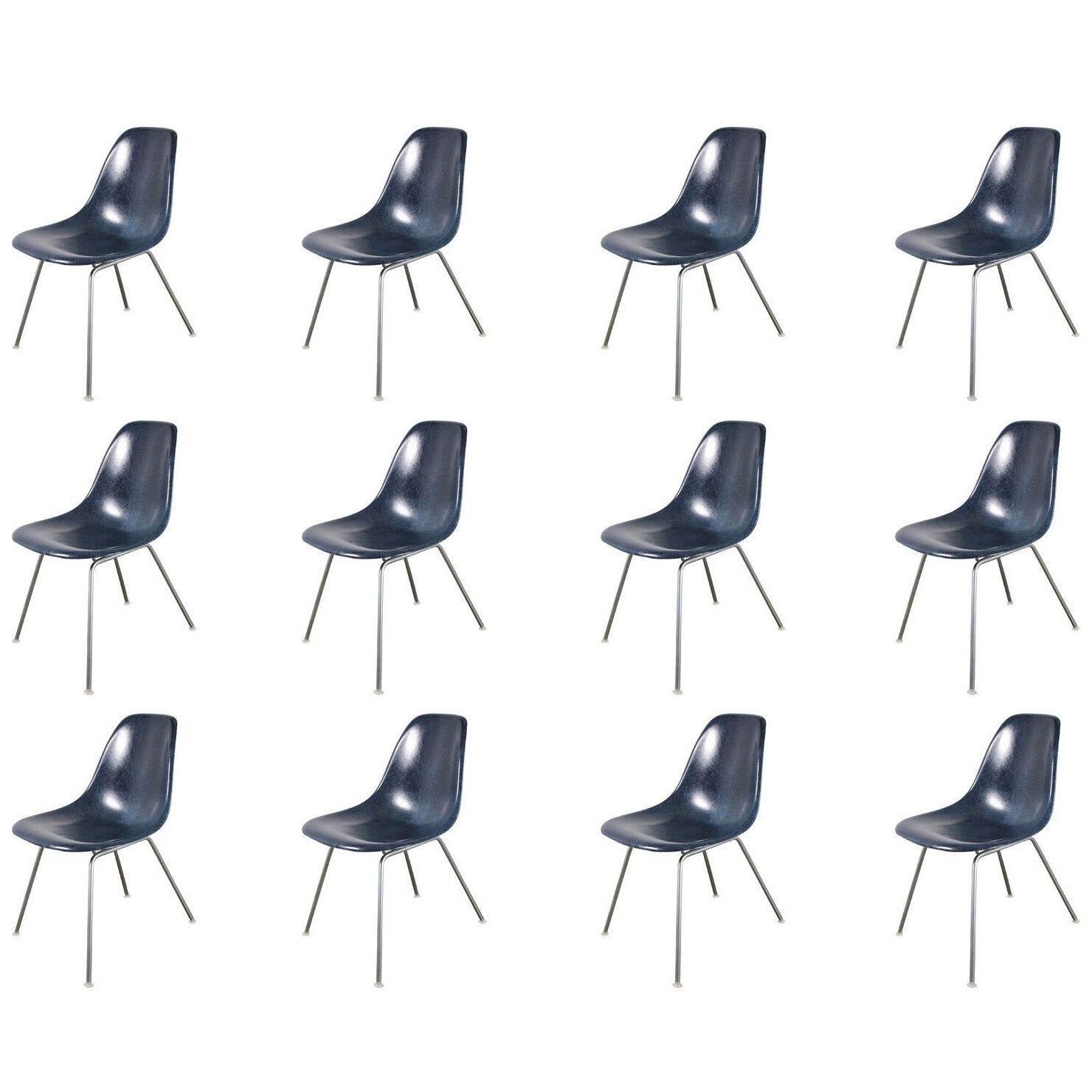 Eames for Herman Miller Navy Blue Shell Chairs on H Bases